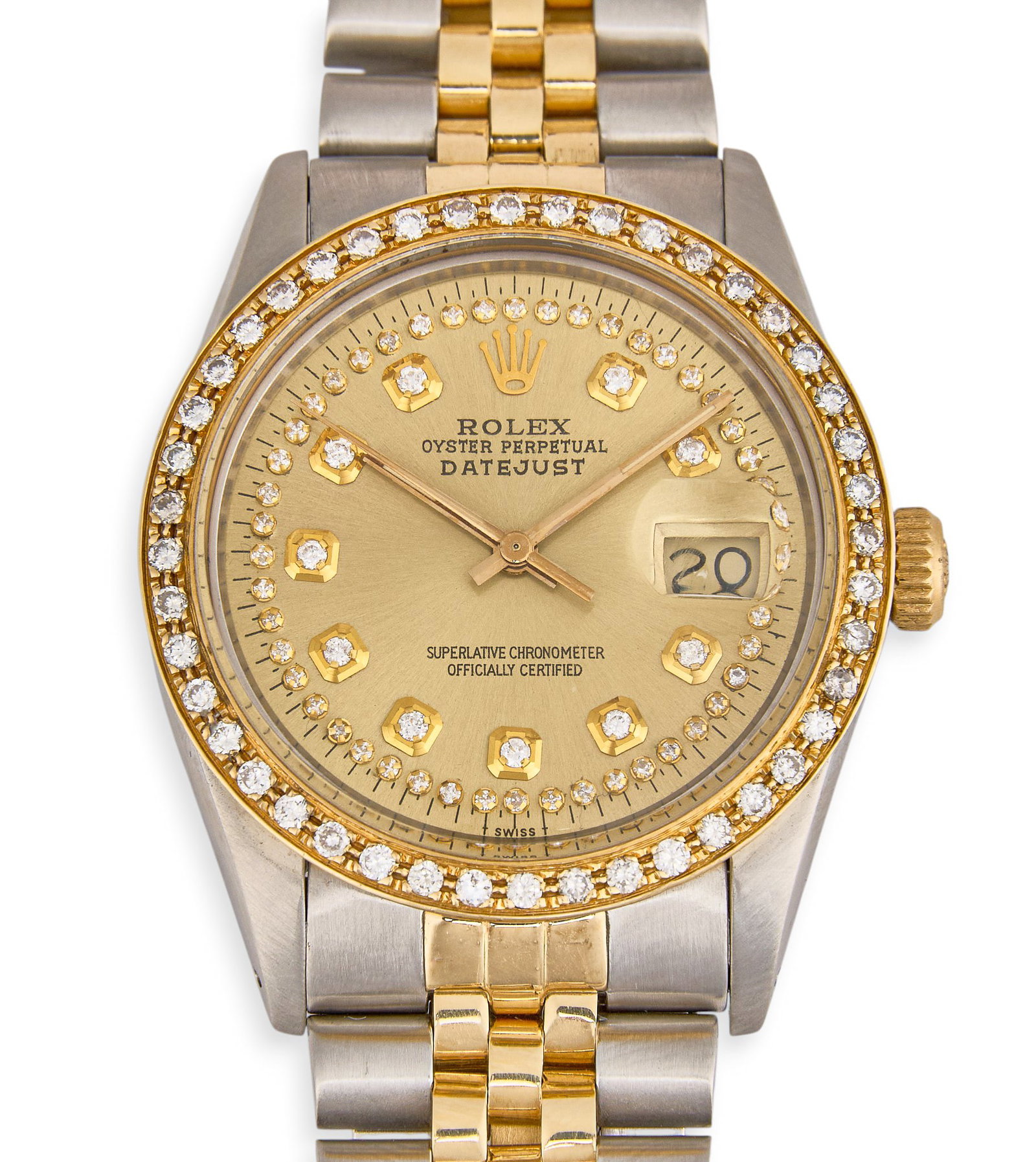 Rolex Datejust 36mm Two-Tone with Diamonds: Rolex Datejust Oyster Perpetual 18K yellow gold and stainless steel watch, circa 1986, model number 16233, serial number 9025860, 36mm case, champagne dial, diamond hour markers, further