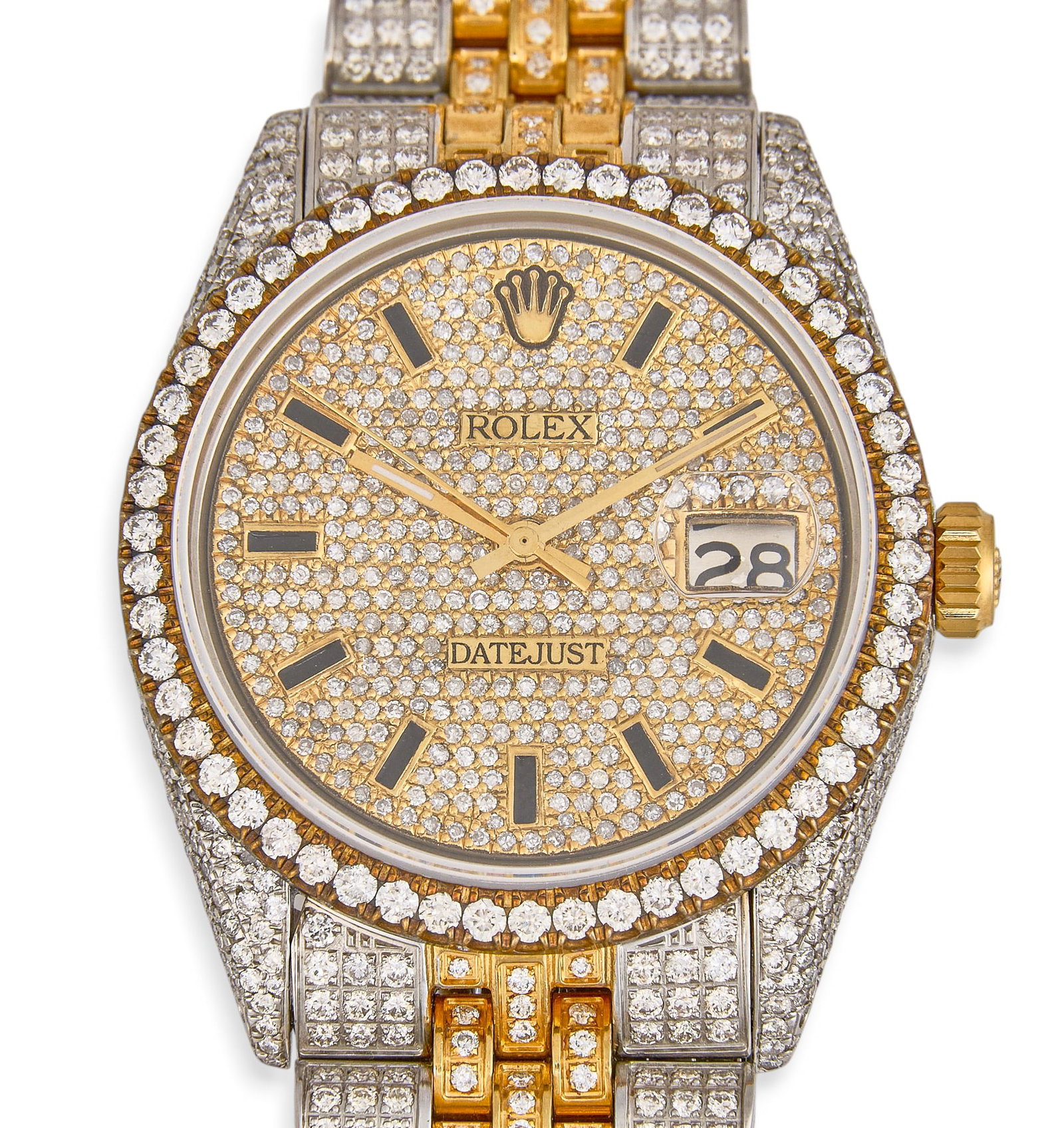 Rolex Datejust 36mm Two-Tone Diamond Set: Rolex Datejust 18K yellow gold and stainless steel, circa 1972, serial number 343359, 36mm case, pave diamond dial with black hour markers, diamond set bezel, case, and Jubilee bracelet Note: Unless o