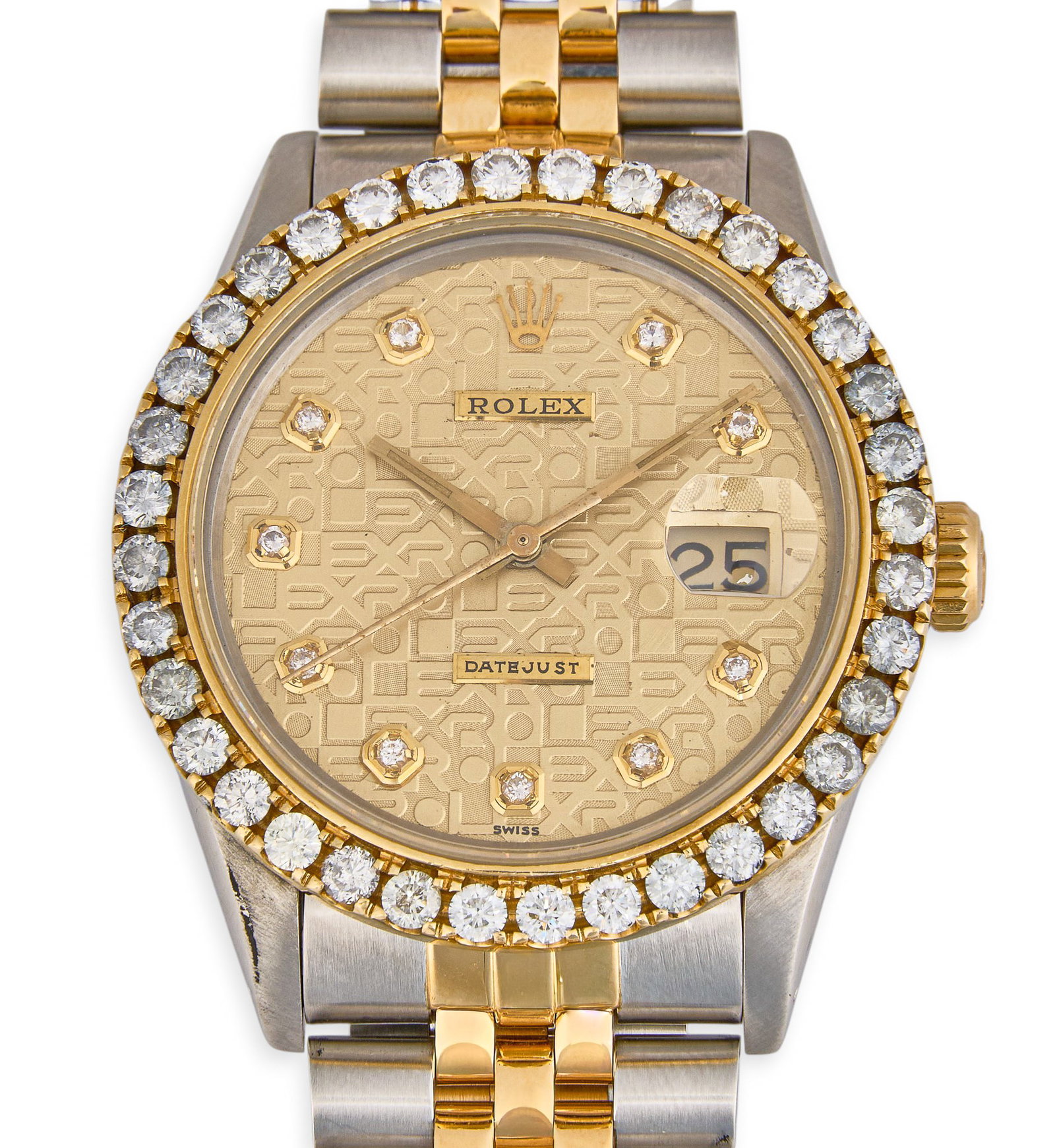 Rolex Datejust 36mm Two-Tone with 'Rolex' Motif: Rolex Datejust 18K yellow gold and stainless steel watch, circa 1984, serial number 8482975, 36mm case, textured 'Rolex' motif dial with diamond hour markers, diamond bezel, fea