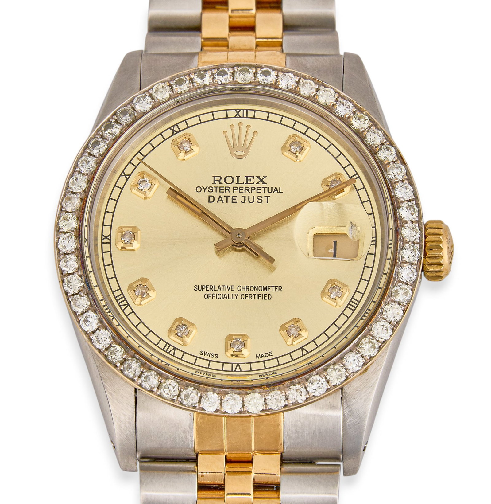 Rolex Datejust 36mm Two-Tone with Diamonds: Rolex Datejust Oyster Perpetual 18K yellow gold and stainless steel watch, circa 1984, model number 16233, serial number 8955110, 36mm case, champagne dial, diamond hour markers, diamon