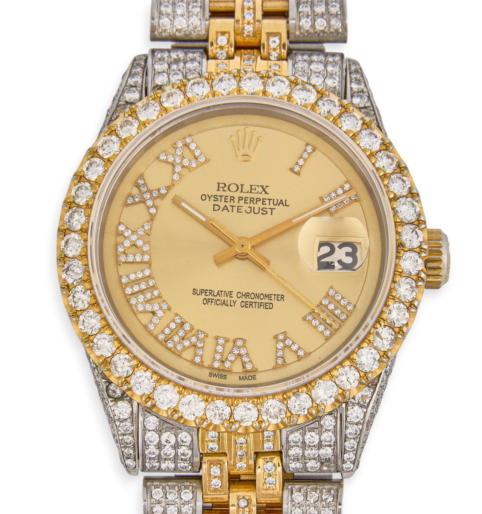 Rolex Datejust 36mm Two-Tone Diamond Set: Rolex Datejust Oyster Perpetual 18K yellow gold and stainless steel watch, circa 1975, model 1601, serial number 4346725, 36mm case, champagne dial, diamond Roman numeral hour markers, diamo