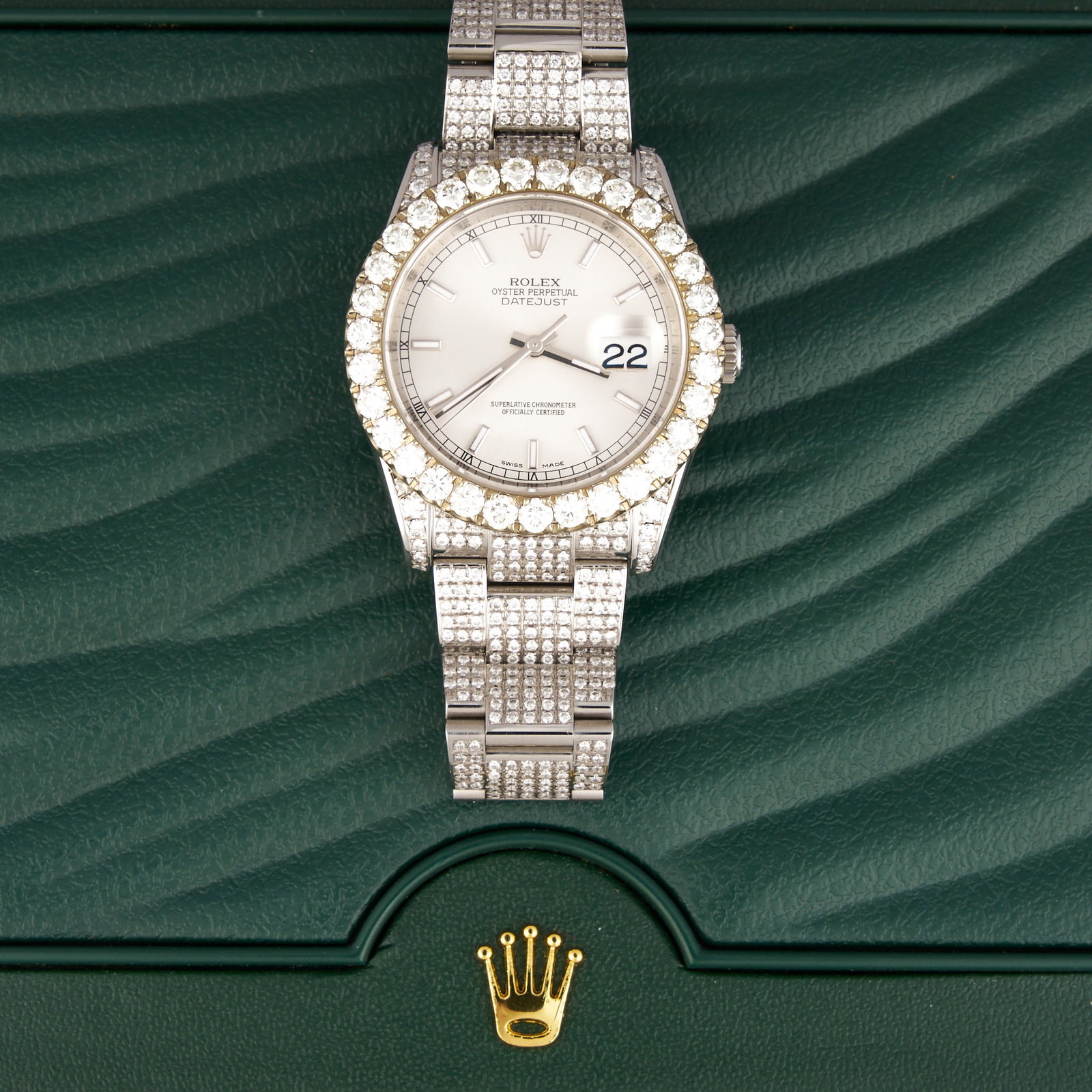 Rolex Datejust 36mm Stainless Steel Diamond Set: Rolex Datejust Oyster Perpetual stainless steel, encrypted production date, serial number 2IT548C2, 36mm case, silver dial, diamond set bezel, case, and Oyster bracelet, includes original green b