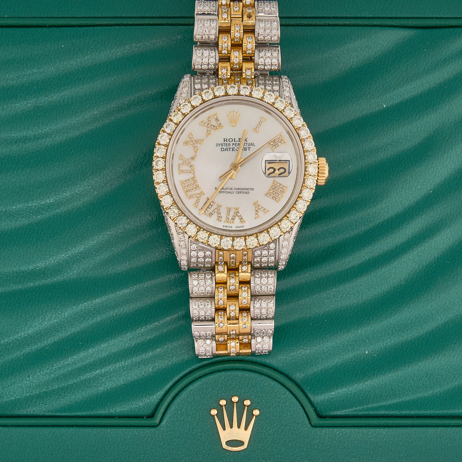 Rolex Datejust 36mm Two-Tone Diamond Set: Rolex Datejust Oyster Perpetual 18K yellow gold and stainless steel watch, circa 1987, model number 116203, serial number 9760269, 36mm case, white mother-of-pearl dial, diamond set Roman numeral