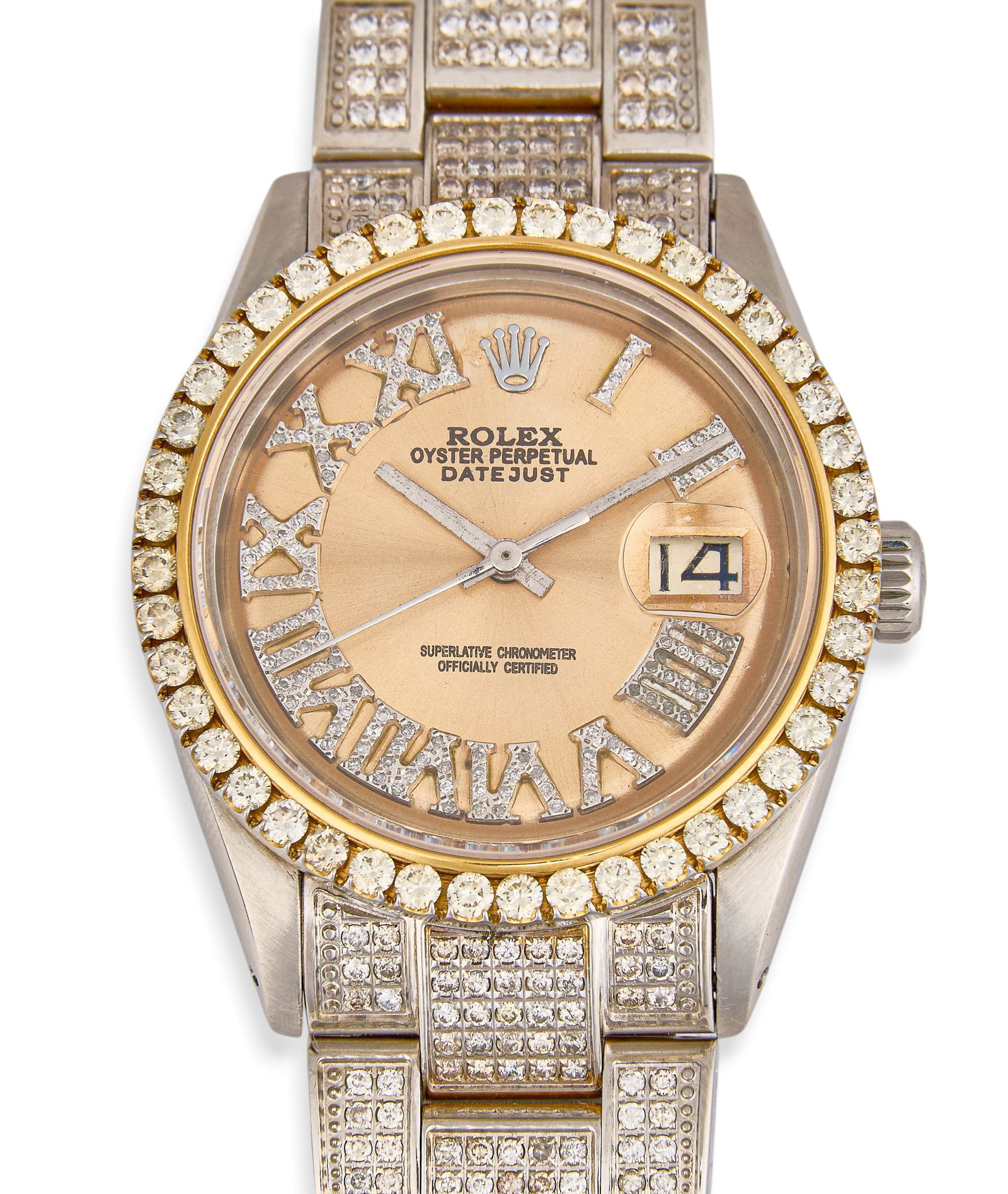 Rolex Datejust 36mm Stainless Steel Diamond Set: Rolex Datejust Oyster Perpetual stainless steel, circa 1977, model number 1601, serial number 5206158, 36mm case, champagne dial with diamond set Roman numeral hour markers, diamond set bezel and Oyst