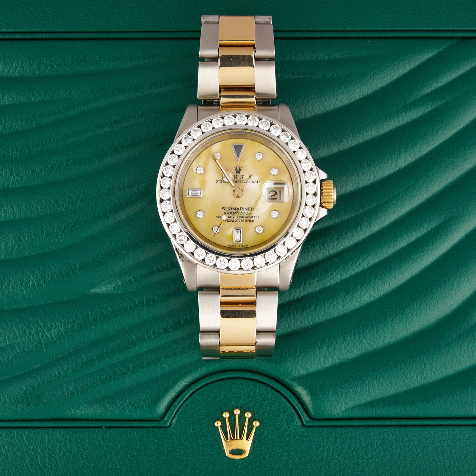 Rolex Submariner 40mm Two-Tone with Diamonds: Rolex Submariner Oyster Perpetual 18k yellow gold and stainless steel watch, circa 1999, model number 16613, serial number A753317, 40mm case, yellow dial with diamond hour markers, diamond set bezel 