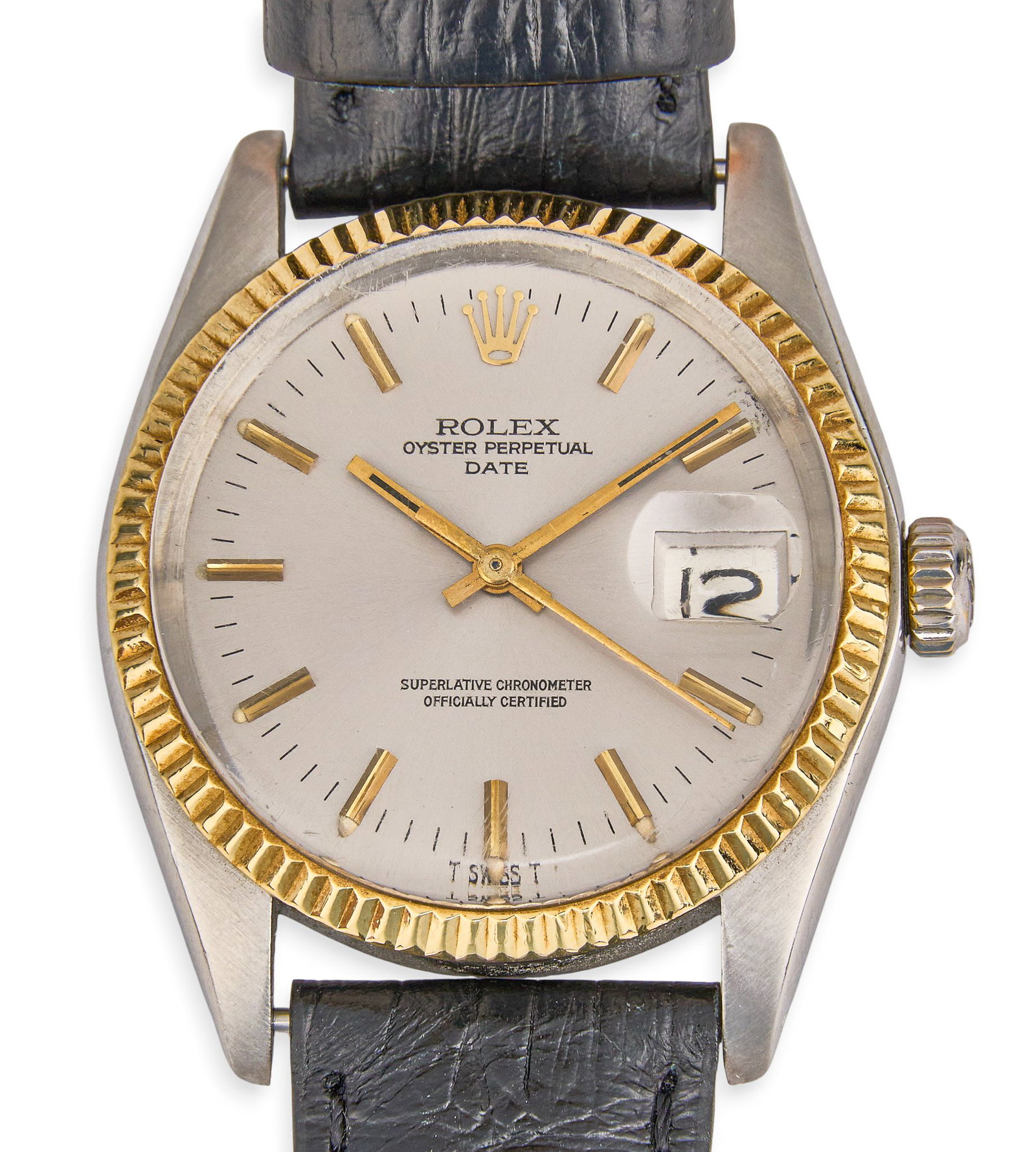 Rolex Date 34mm Two-Tone: Rolex Oyster Perpetual Date watch with fluted bezel, stainless steel 34mm case, and calfskin leather band Provenance: Property from a home in San Antonio, Texas