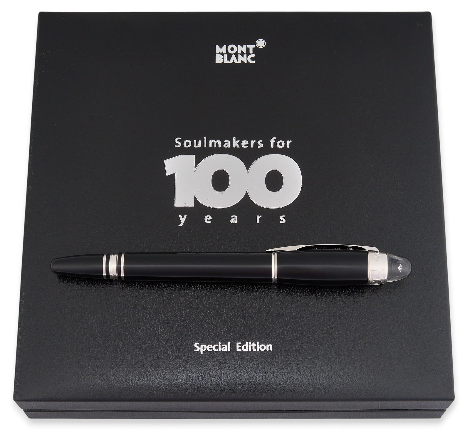 Montblanc 100 Year Diamond Starwalker Pen: Montblanc StartWalker "Soulmalers for 100 Years" Special Edition ballpoint pen, with black rein barrel and floating emblem in cap, released in 2006 to celebrate 100th anniversary of brand, i