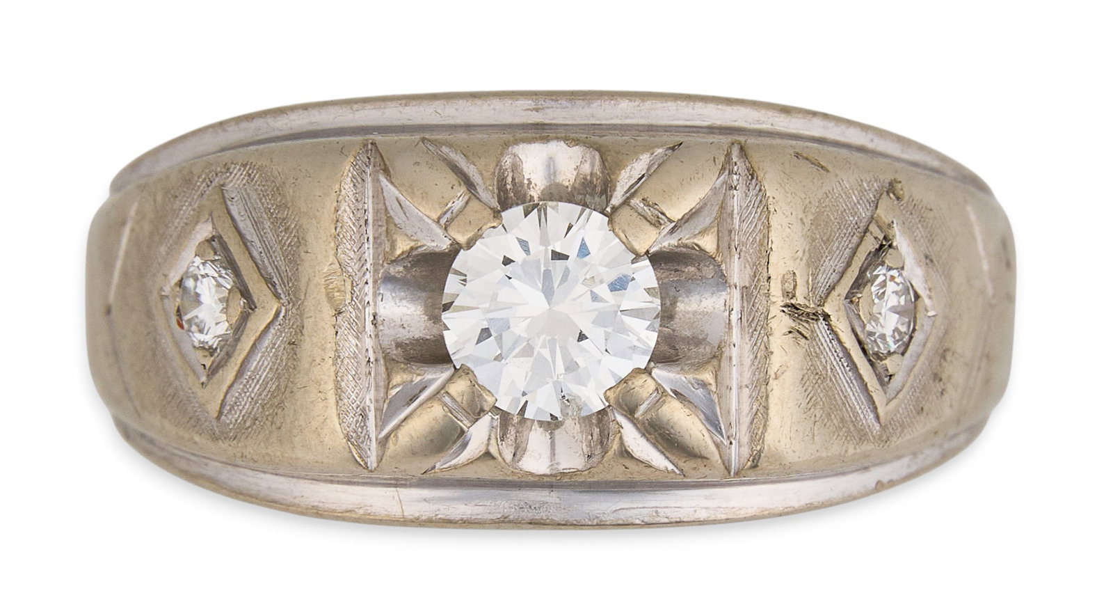 14K Diamond Mens Ring: 14K white gold mens ring set with round brilliant cut diamond center stone, approximately 0.5 ct, flanked by two round brilliant cut diamonds, approximately 0.14 ctw, marked "14K" Size: 10 T