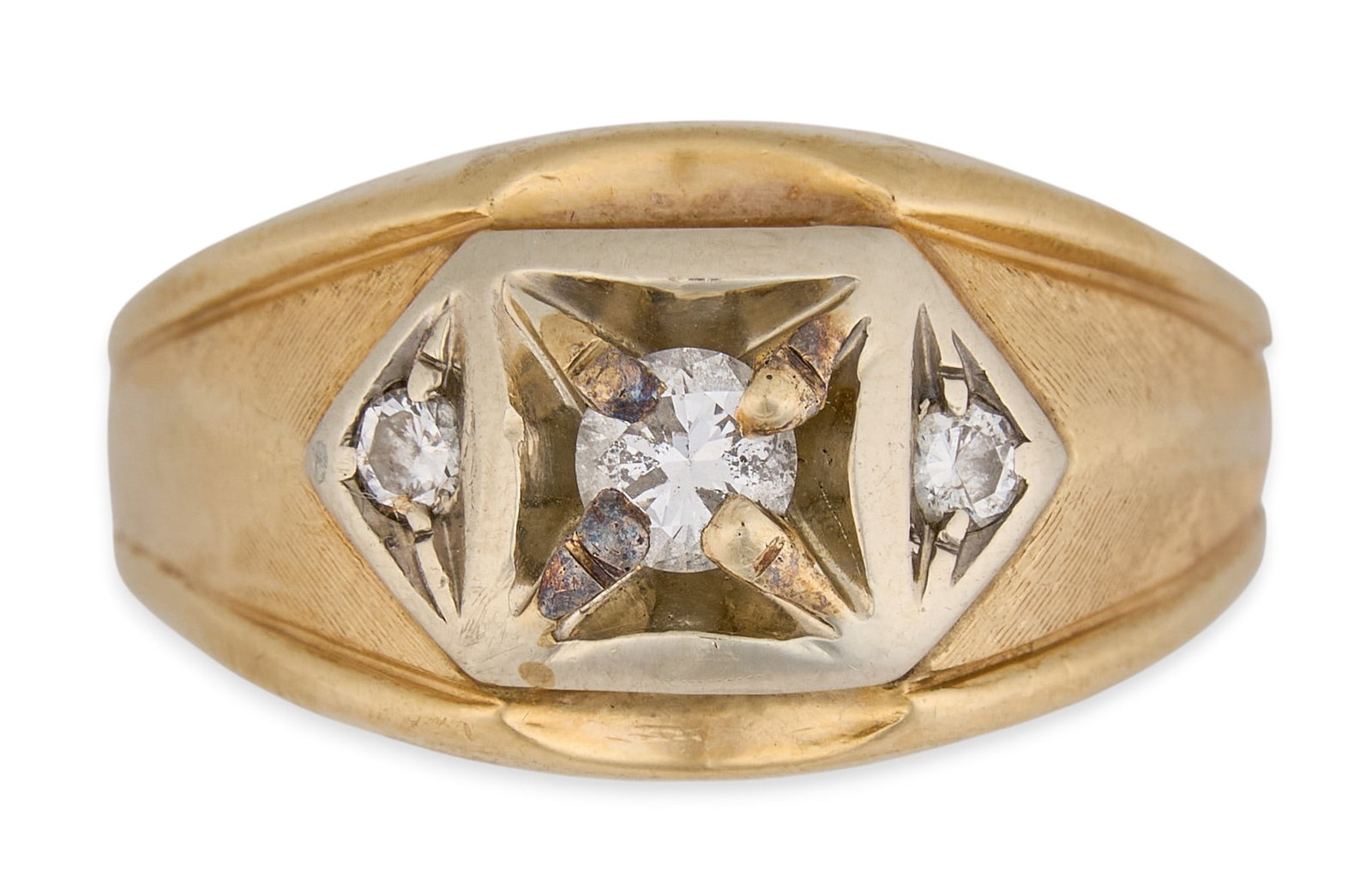 14K Diamond Two-Tone Mens Ring: 14K yellow gold ring with two-tone design, set with three round brilliant cut diamonds, approximately 0.47 ctw, marked "14K" Size: 13 Total weight: 10.3 g Provenance: Property from a home in