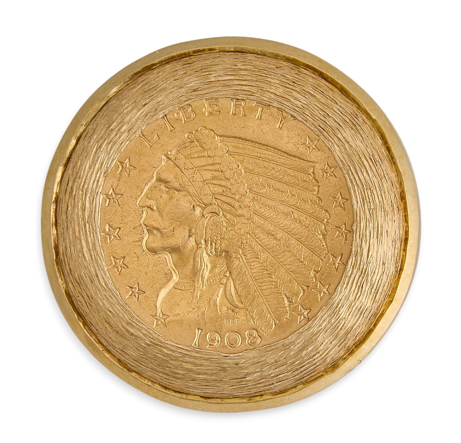 14K Mens Indian Head Gold Coin Ring: 14K yellow gold mens ring with Indian head gold coin, marked "14K" Size: 11.75 Total weight: 23.5 g Provenance: Property from a home in San Antonio, Texas