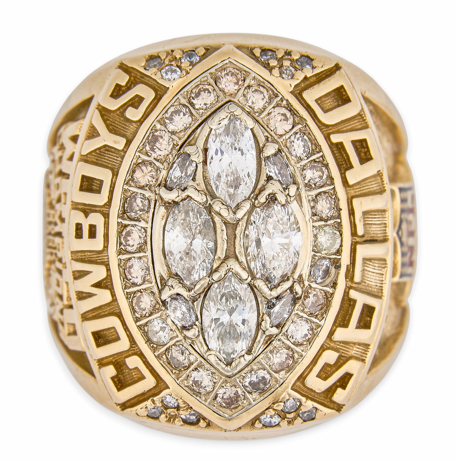 Dallas Cowboys 1993 Super Bowl XXVIII 14K & Diamond Ring: Dallas Cowboys 1993 Super Bowl XXVIII 14K yellow gold and diamond ring set with four prominent 1/2 carat marquise diamonds accented by four 0.10 carat marquise diamonds, which