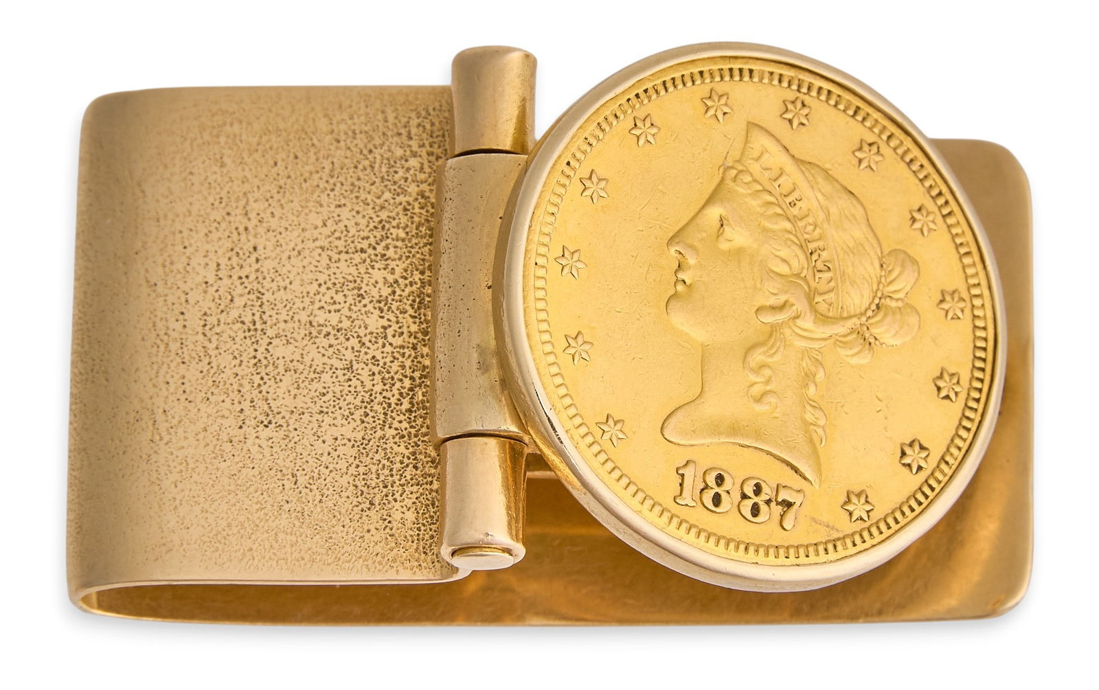 14K Gold Liberty Coin Money Clip: 14K yellow gold Gold Liberty coin money clip length 2 in. x width 1 in. Total weight: 62.9 g Provenance: Property from the custom chilled cellar of the Cordillera Ranch home of promin