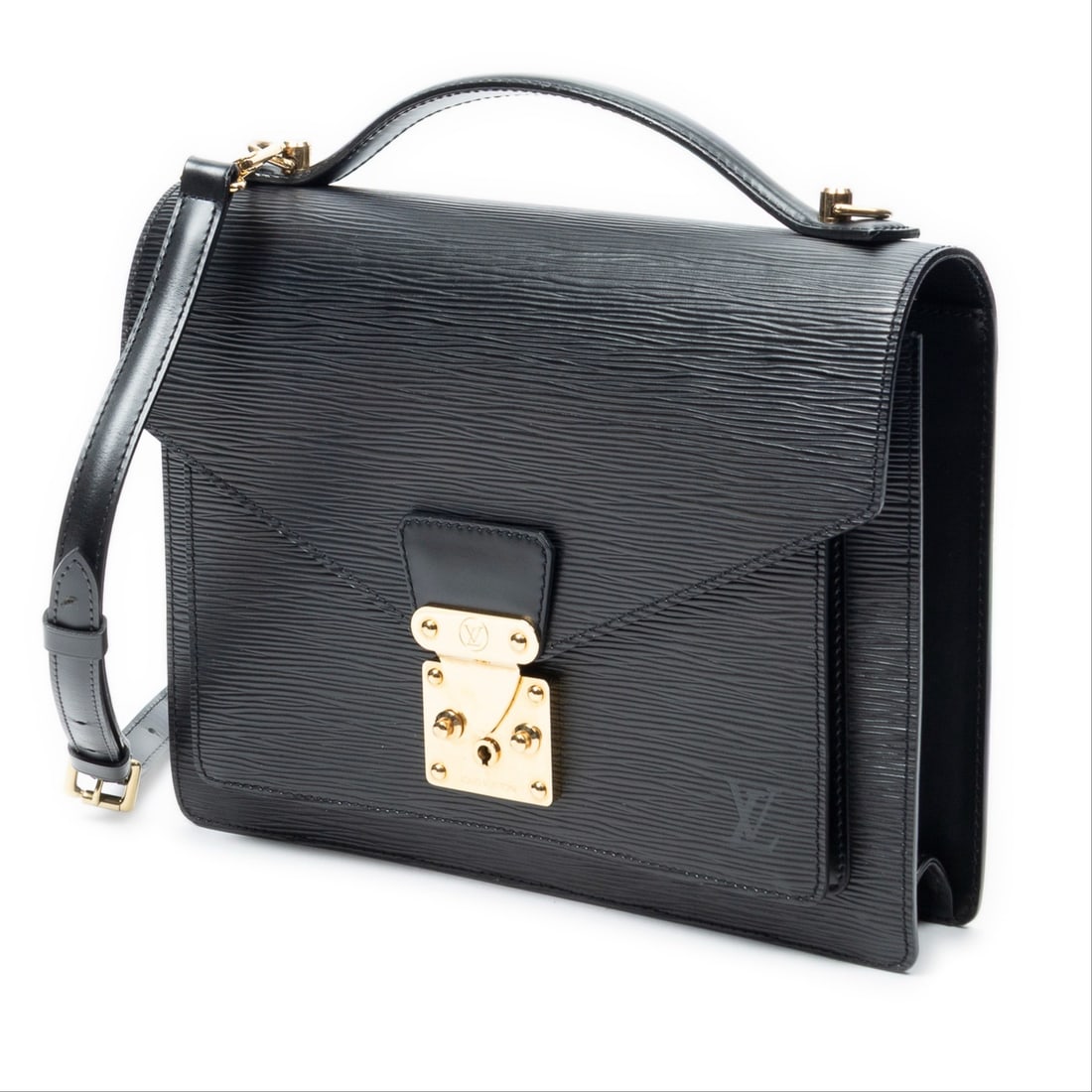Louis Vuitton Monceau Shoulder Bag: Louis Vuitton Monceau shoulder bag in black Epi leather, golden brass hardware, marked SR0040 (April 2000), includes long strap; third-party authenticated 11 in. x 8.75 in. x 1.75 in. Condition AA;