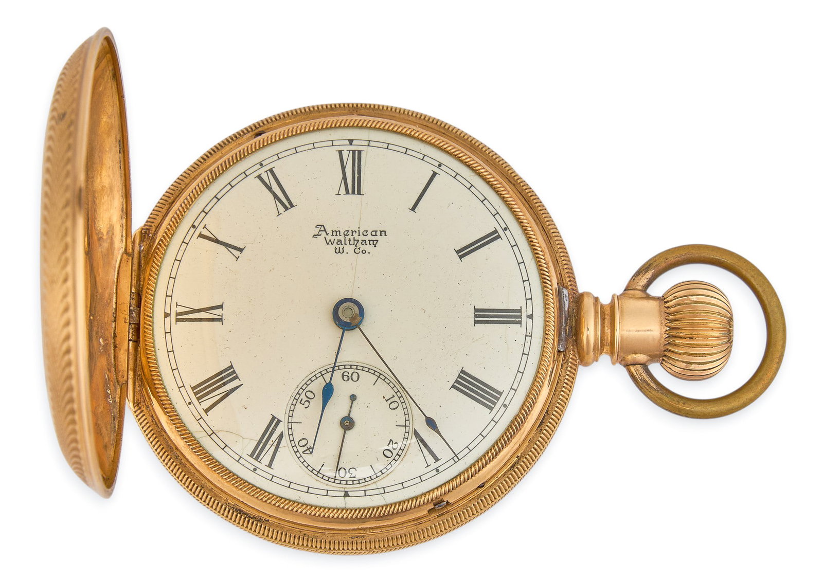 18K Waltham Pocket Watch: 18K yellow gold Waltham pocket watch, marked "14k 34853" Total weight: 119.7 g Provenance: Property from the custom chilled cellar of the Cordillera Ranch home of prominent