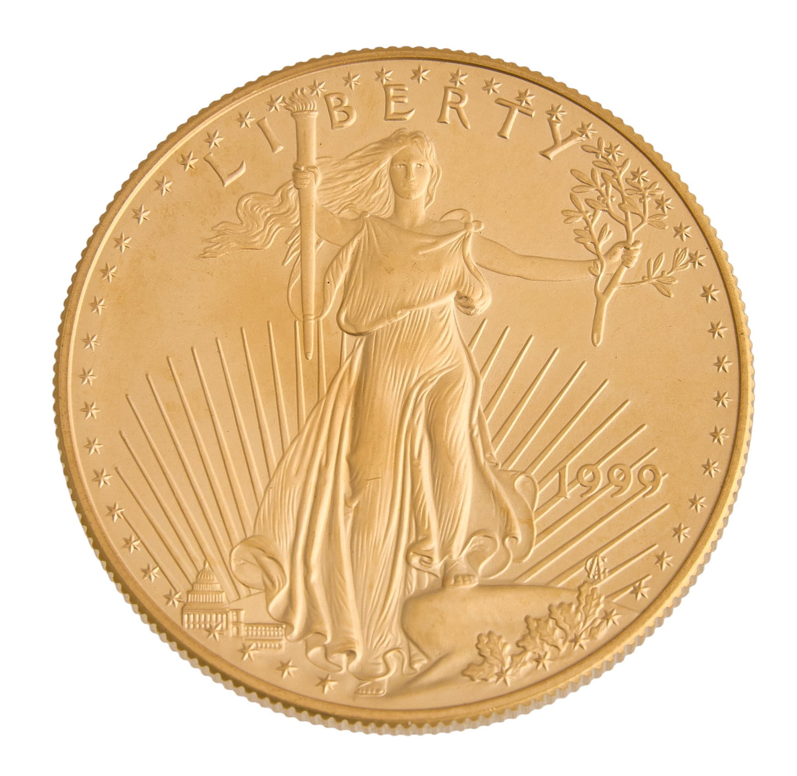 1988 $50 Gold Eagle Coin: 1999 $50 gold eagle 1 ounce uncirculated coin Provenance: Property from the collection of an industrial chemicals entrepreneur, from his Alamo Heights, Texas home