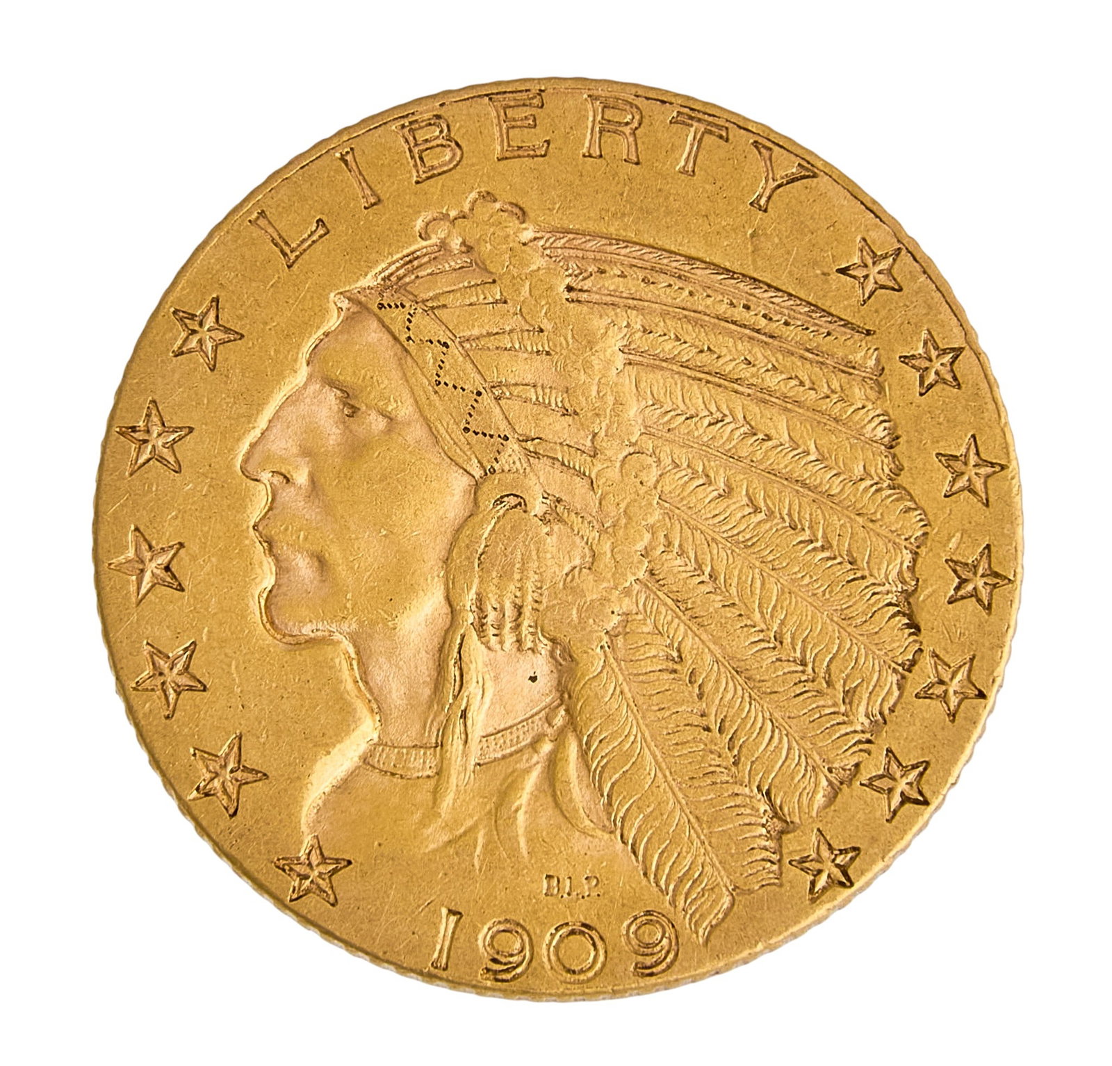 1909 $5 Gold Indian Head Half Eagle: 1909 $5 gold Indian head half eagle coin Provenance: Property from the collection of an industrial chemicals entrepreneur, from his Alamo