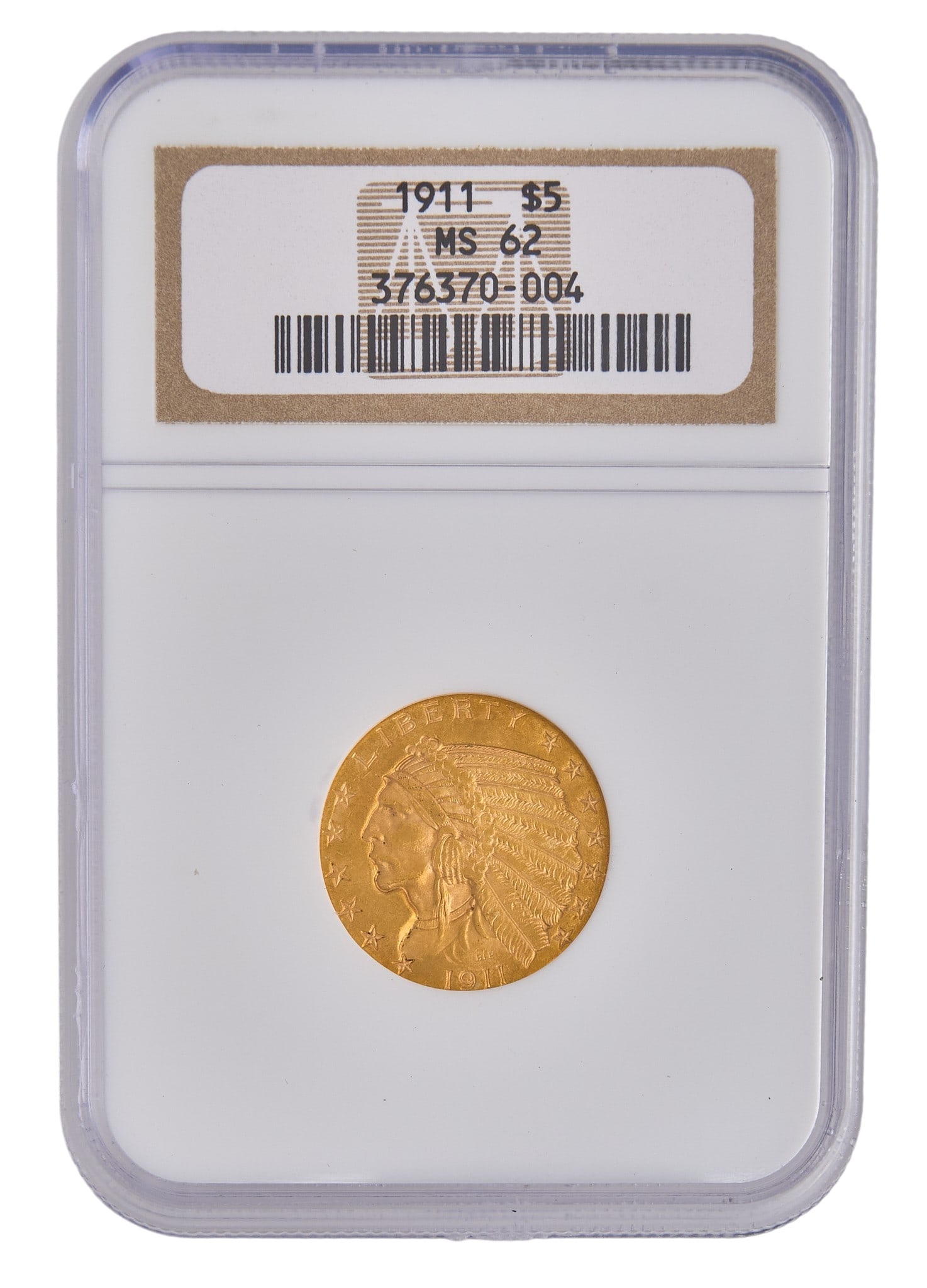 1911 MS62 $5 Gold Indian Head Half Eagle: 1911 $5 gold Indian head half eagle coin, slabbed and graded MS62 Provenance: Property from the collection of an industrial chemicals