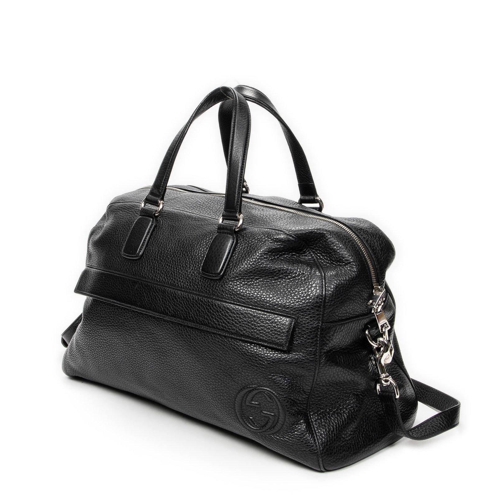 Gucci Soho Duffle Bag: Gucci Soho Duffle Bag in black grained calfskin leather, silver hardware, marked 322055-467891, includes long strap, dustbag, cadenas; third-party authenticated 16.25 in. x 11 in. x 5.5 in. Condition