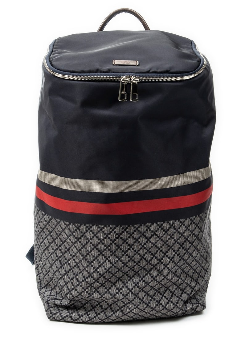Gucci Stripe Backpack: Gucci Stripe Backpack in navy diamante nylon canvas, silver hardware, marked 268111-200047; third-party authenticated 10.75 in. x 19 in. x 9 in. Condition A; excellent condition, shows little signs of