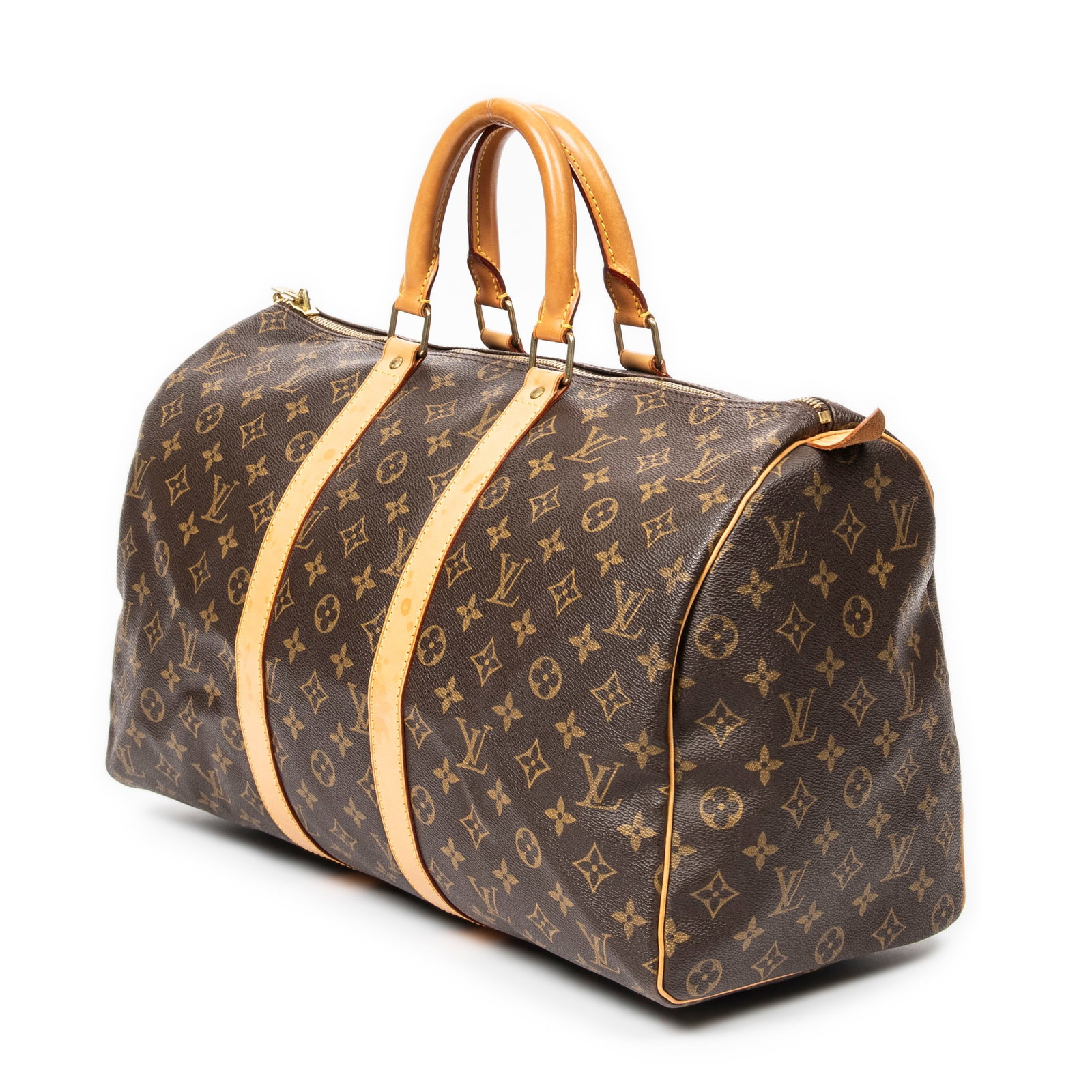 Louis Vuitton Keepall 45 Travel Bag: Louis Vuitton Keepall 45 travel bag in brown monogram canvas, vachetta handles, golden brass hardware, marked FL0013 (January 2003), includes luggage tag; third-party authenticated 17.75 in. x 9.5 in.