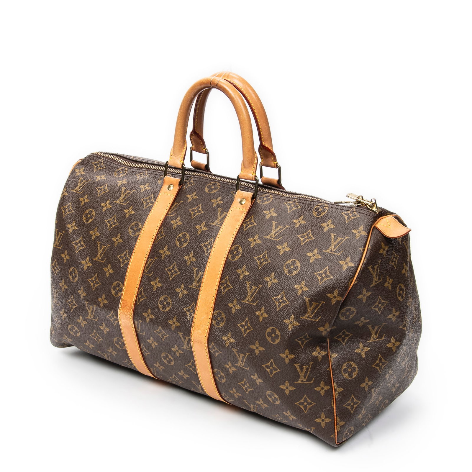 Louis Vuitton Keepall 45 Shoulder Bag: Louis Vuitton Keepall 45 shoulder bag in brown monogram canvas, vachetta handles, golden brass hardware, marked SP1910 (Nov 1990); third-party authenticated 17.75 in. x 9.5 in. x 7.75 in. Condition AB