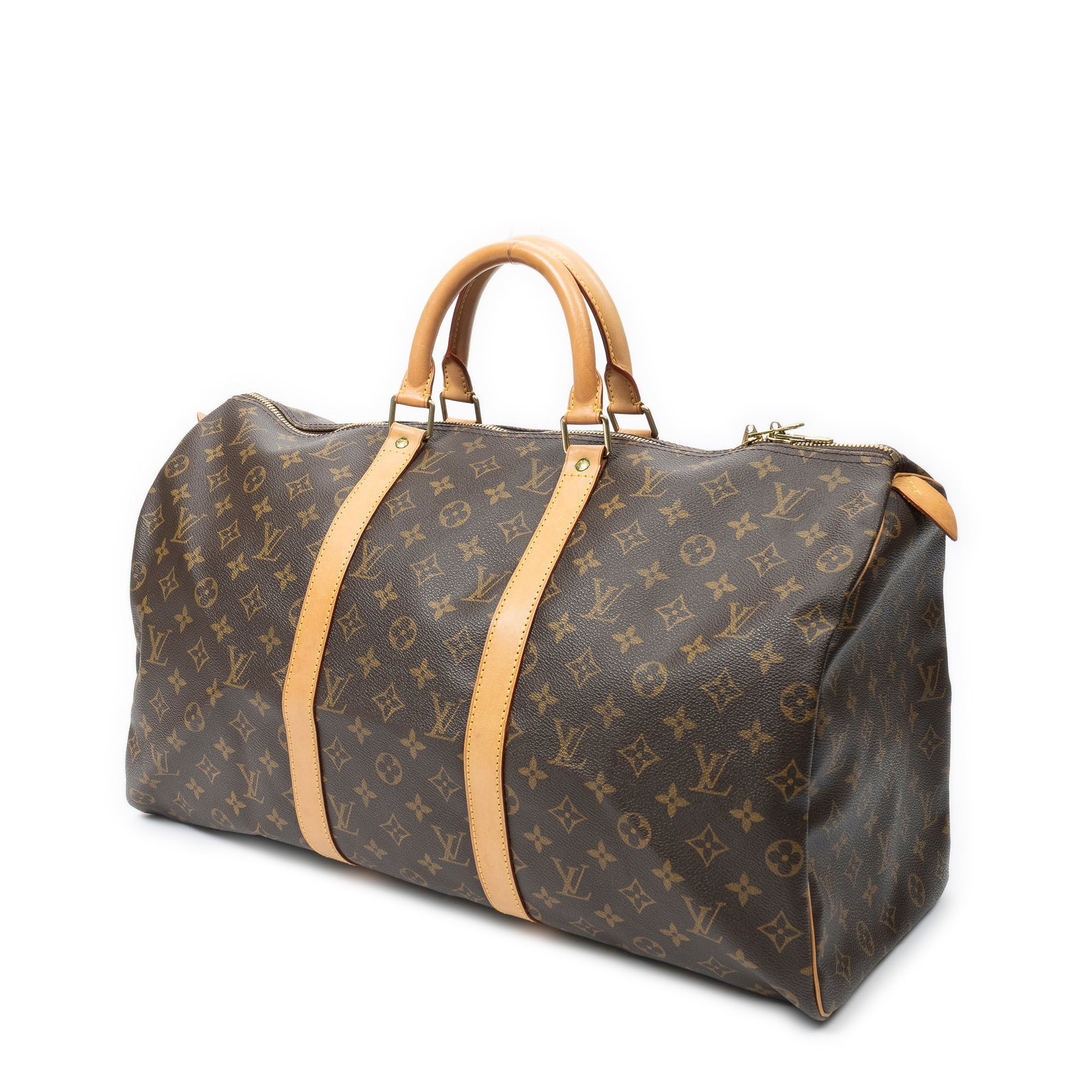Louis Vuitton Keepall 50 Travel Bag: Louis Vuitton Keepall 50 travel bag in brown monogram canvas, vachetta handles, golden brass hardware, marked FL1010 (November 2000); third-party authenticated 19.75 in. x 10.25 in. x 8.75 in. Conditi