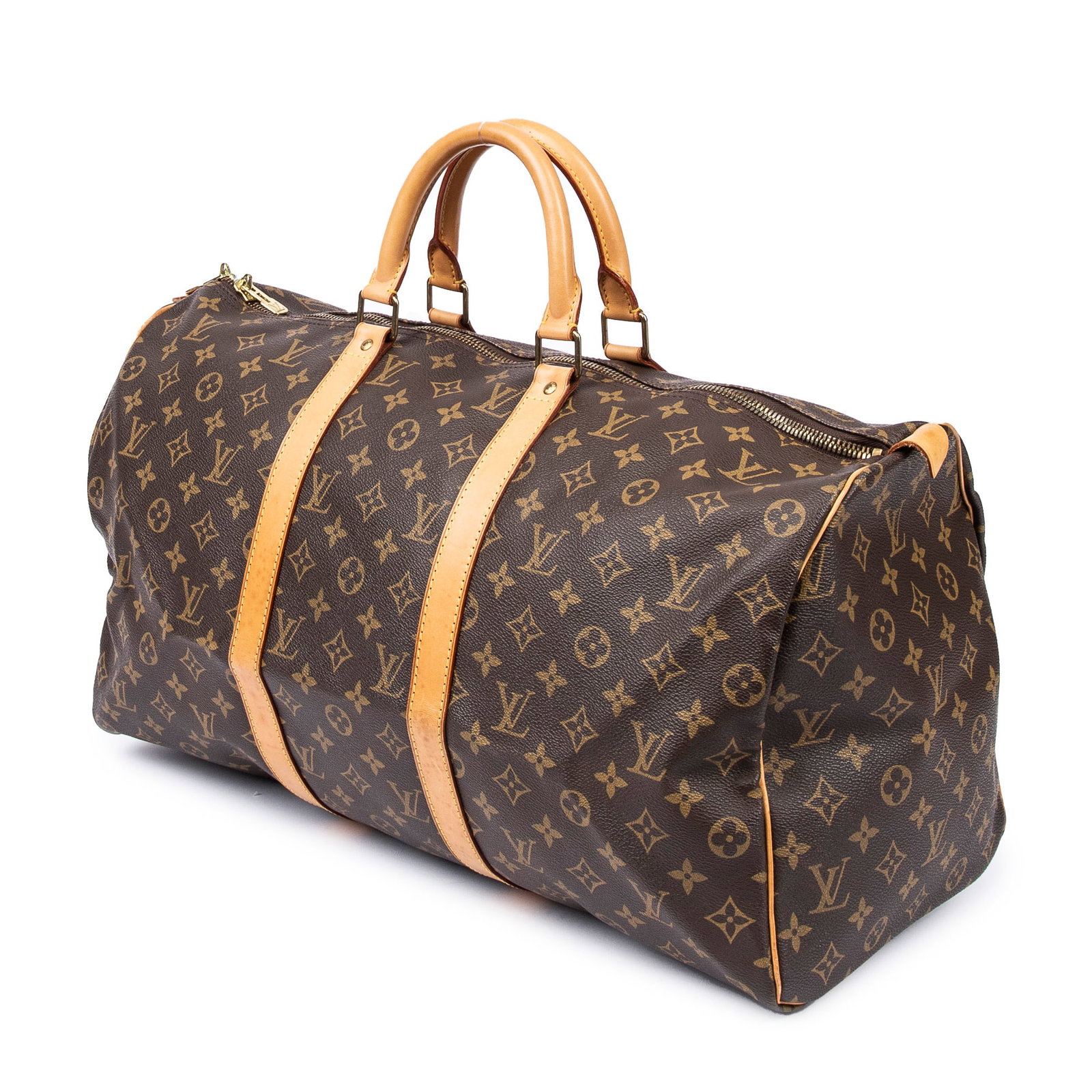 Louis Vuitton Keepall 50 Travel Bag: Louis Vuitton Keepall 50 travel bag in brown monogram canvas, vachetta handles, golden brass hardware, marked SP0927 (February 1997); third-party authenticated 19.75 in. x 10.25 in. x 8.75 in. Conditi