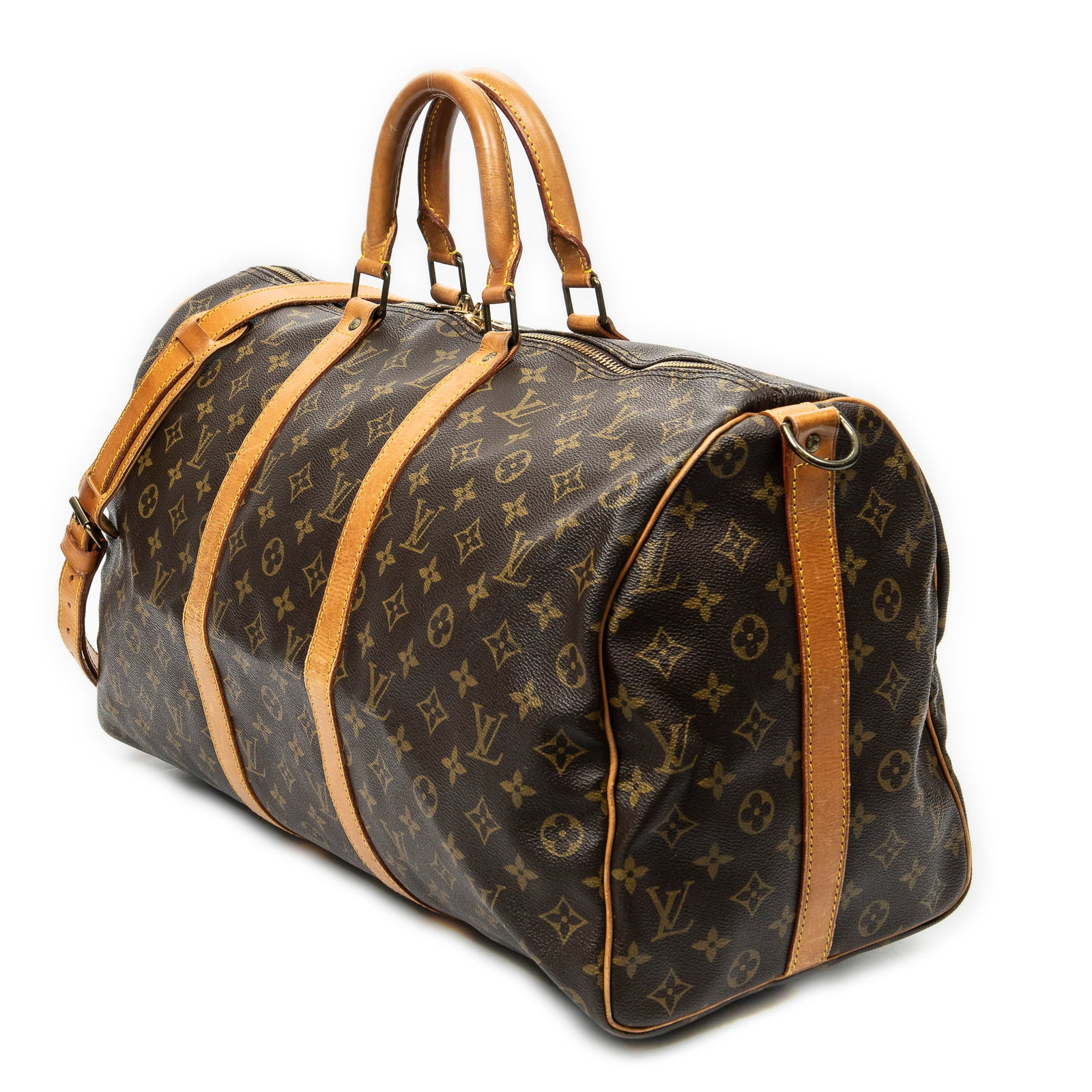Louis Vuitton Keepall Bandouliere 50 Travel Bag: Louis Vuitton Keepall Bandouliere 50 travel bag in brown monogram canvas, vachetta handles, golden brass hardware, marked VI8904 (Apr 1989), includes strap; third-party authenticated 19.75 in. x 10.25