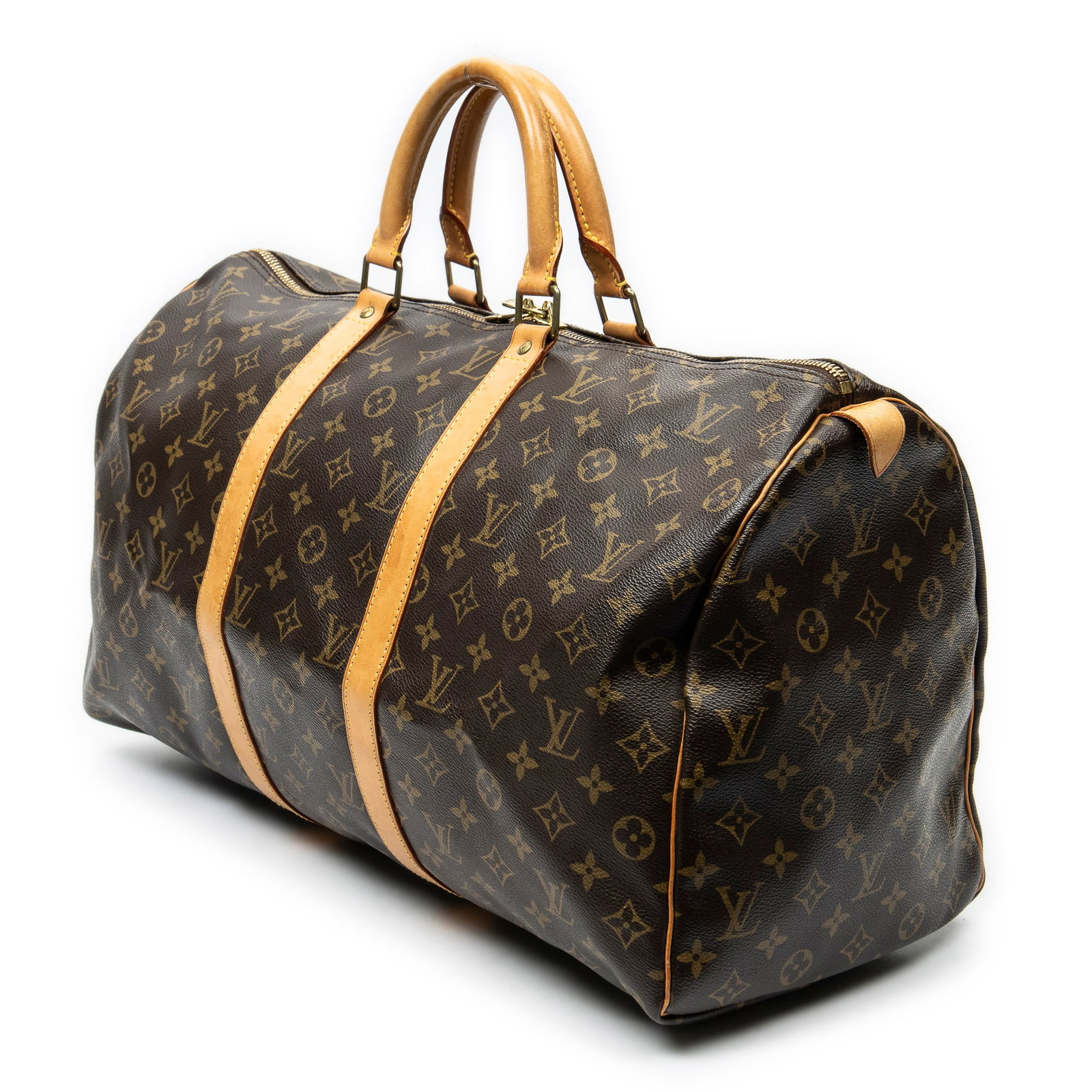 Louis Vuitton Keepall 50 Travel Bag: Louis Vuitton Keepall 50 travel bag in brown monogram canvas, vachetta handles, golden brass hardware, marked FL0054 (5th week of 2004); third-party authenticated 19.75 in. x 10.25 in. x 8.75 in. Cond