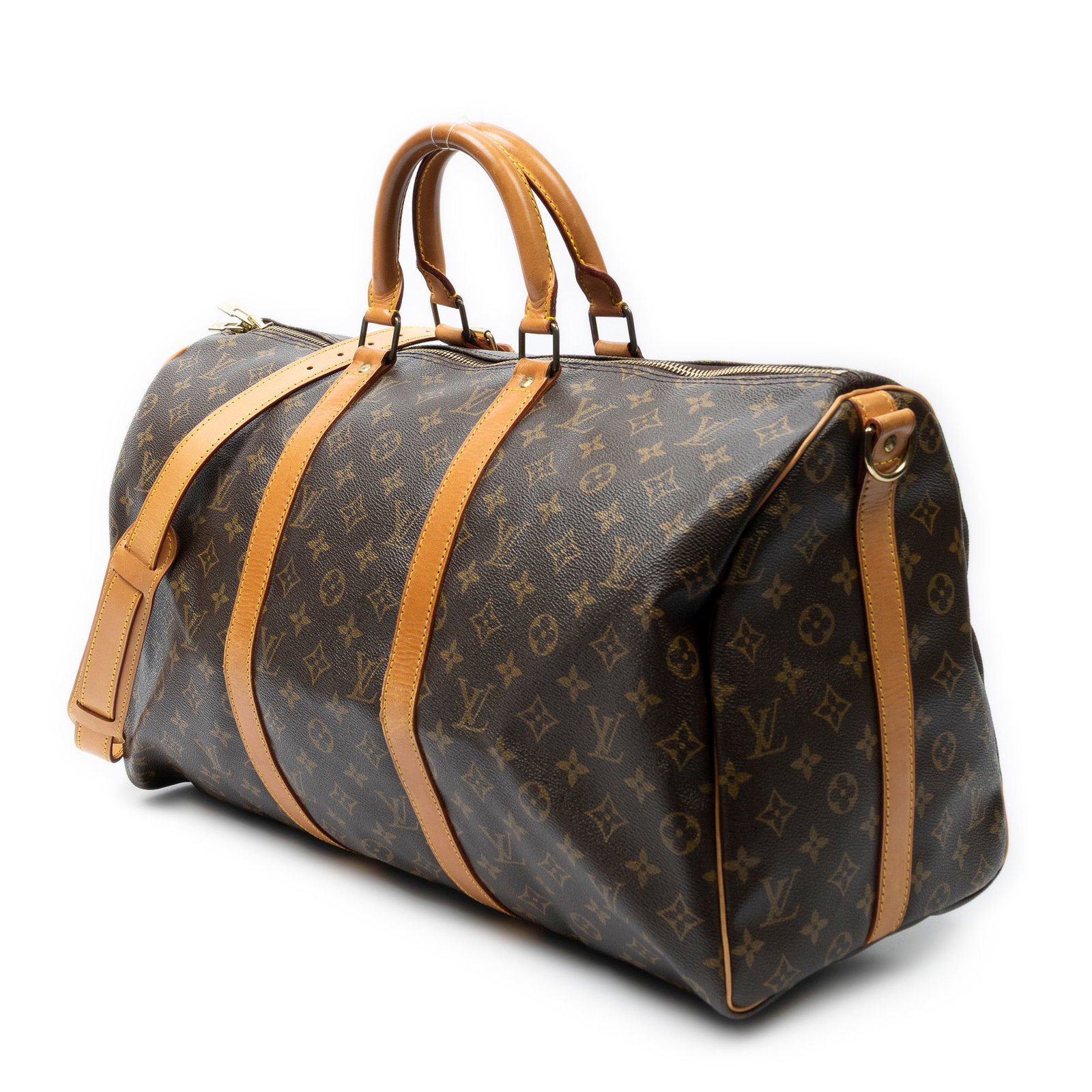 Louis Vuitton Keepall Bandouliere 50 Travel Bag: Louis Vuitton Keepall Bandouliere 50 travel bag in brown monogram canvas, vachetta handles, golden brass hardware, marked VI0991 (Sep 1991), includes strap; third-party authenticated 19.75 in. x 10.25