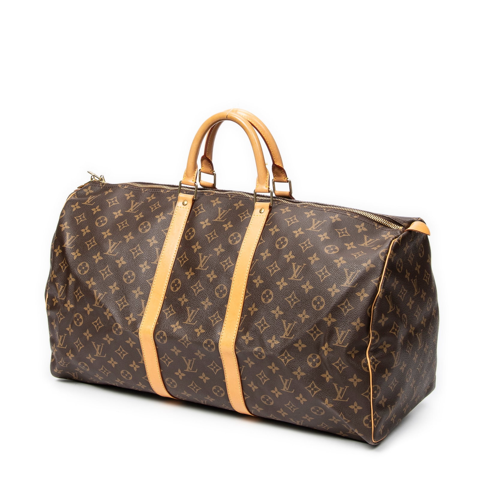 Louis Vuitton Keepall 55 Travel Bag: Louis Vuitton Keepall 55 travel bag in brown monogram canvas, vachetta handles, golden brass hardware, marked SP1917 (Nov 1997); third-party authenticated 21.75 in. x 11 in. x 9.75 in. Condition A; ex