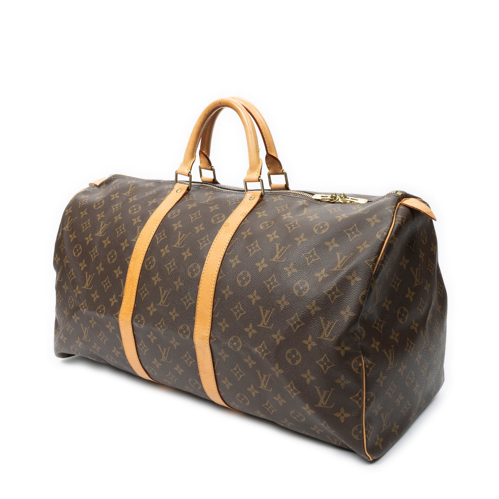 Louis Vuitton Keepall 55 Travel Bag: Louis Vuitton Keepall 55 travel bag in brown monogram canvas, vachetta handles, golden brass hardware, marked FL0081 (August 2001); third-party authenticated 21.75 in. x 11 in. x 9.75 in. Condition AB