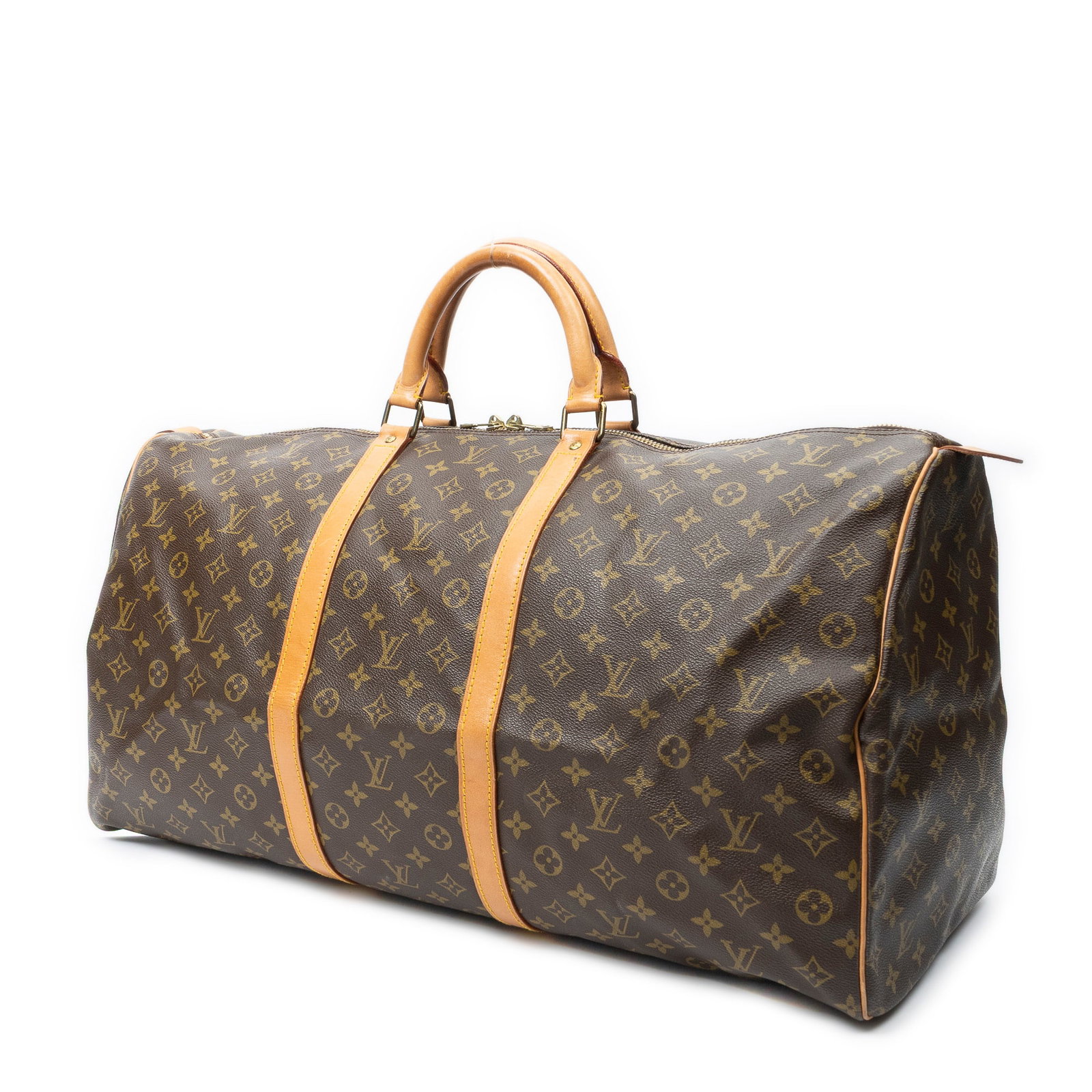 Louis Vuitton Keepall 60 Travel Bag: Louis Vuitton Keepall 60 travel bag in brown monogram canvas, vachetta handles, golden brass hardware, marked 852SA (February 1985); third-party authenticated 23.5 in. x 10.25 in. x 12.25 in. Conditio