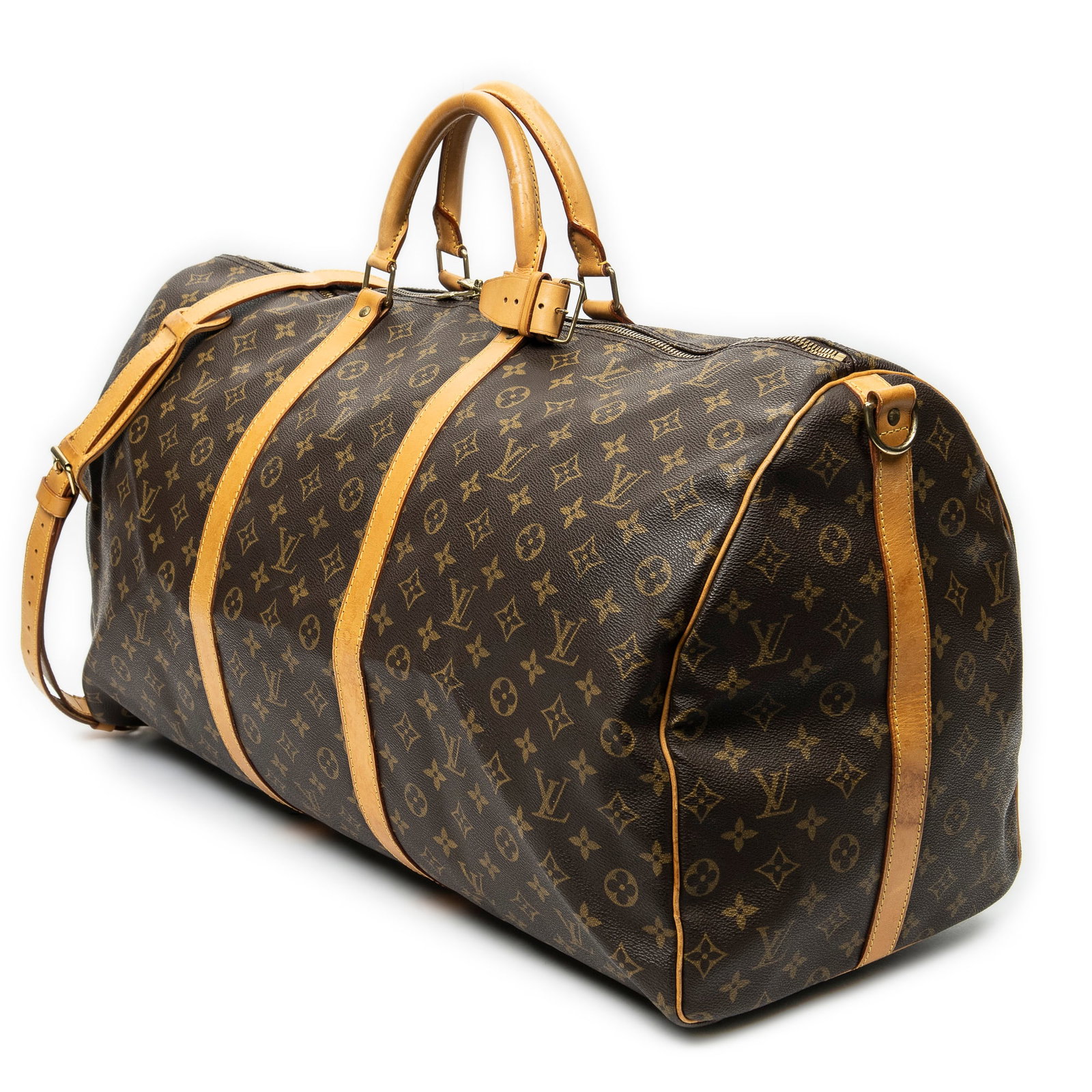 Louis Vuitton Keepall Bandouliere 60 Travel Bag: Louis Vuitton Keepall Bandouliere 60 travel bag in brown monogram canvas, vachetta handles, golden brass hardware, marked TH0919 (Jan 1999), includes strap, handle strap; third-party authenticated 23.