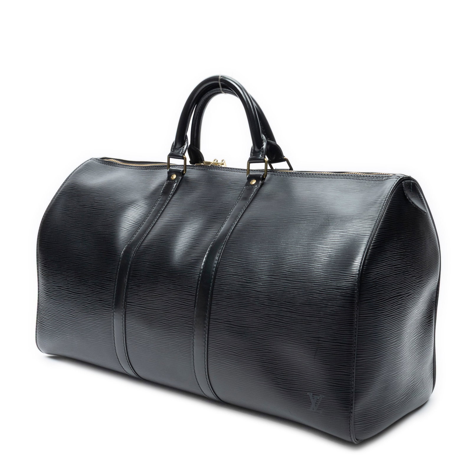 Louis Vuitton Keepall 50 Travel Bag: Louis Vuitton Keepall 50 travel bag in black Epi leather, golden brass hardware, marked VI1900 (Oct 1990); third-party authenticated 20.75 in. x 11.5 in. x 9 in. Condition A; excellent condition, show