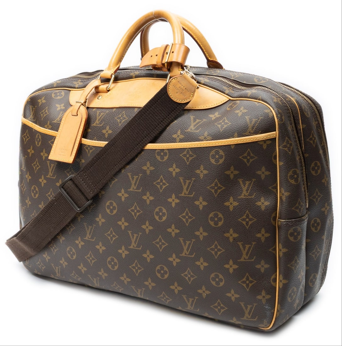 Louis Vuitton Alize 24h Travel Bag: Louis Vuitton Alize 24h travel bag in brown monogram canvas, vachetta handles, golden brass hardware, marked VI0958 (May 1998), includes long strap, luggage tag, handle strap; third-party authenticate