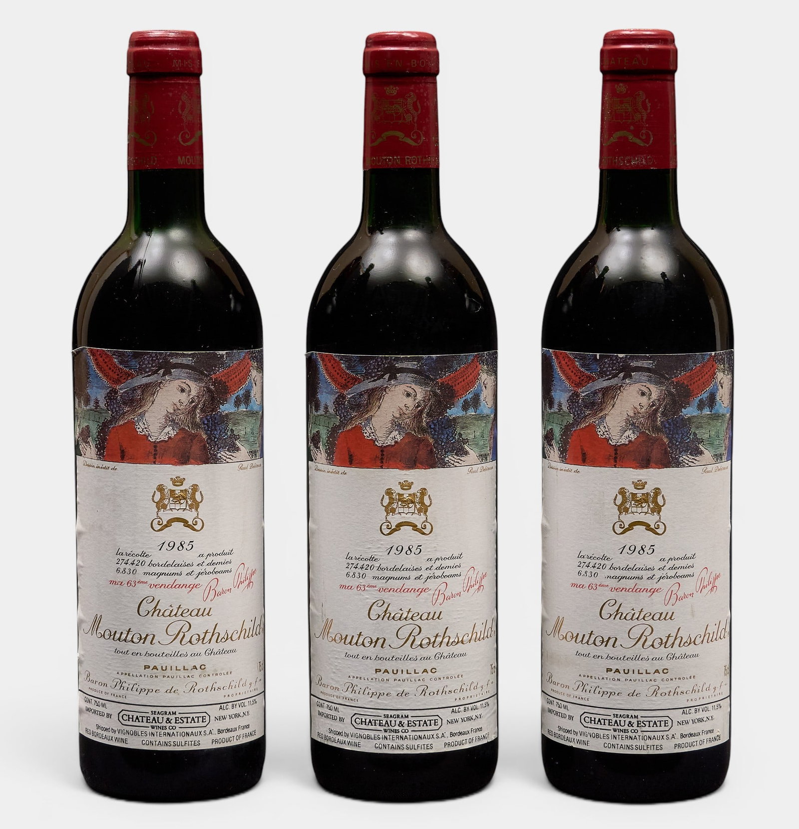 (3) 1985 Chateau Mouton Rothschild Pauillac: Three bottles of 1985 Chateau Mouton Rothschild Pauillac Provenance: Property from the custom chilled cellar of the Cordillera Ranch home of prominent attorney David J. Arata