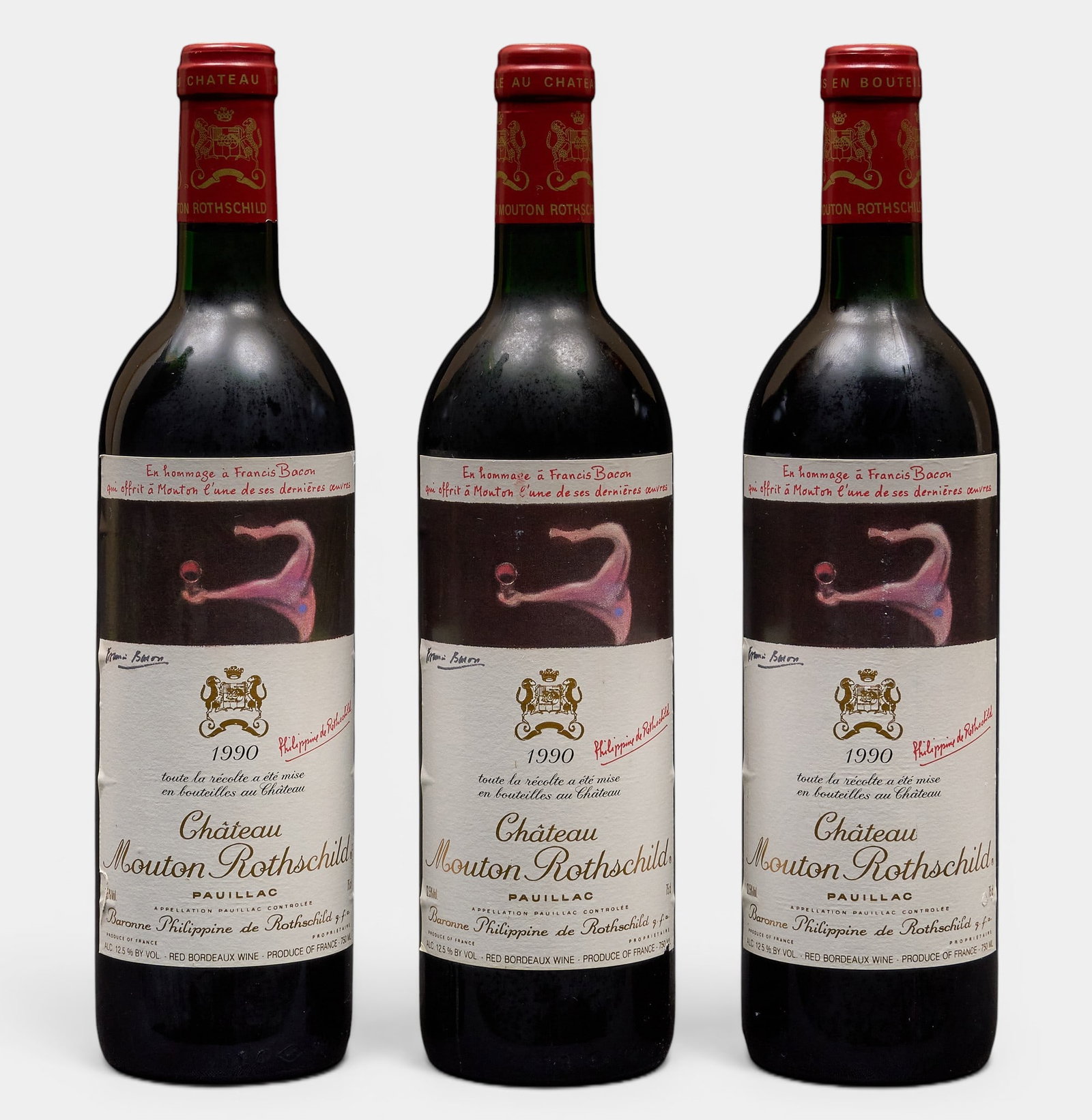 (3) 1990 Chateau Mouton Rothschild Pauillac: Three bottles of 1990 Chateau Mouton Rothschild Pauillac Provenance: Property from the custom chilled cellar of the Cordillera Ranch home of prominent attorney David J. Arata