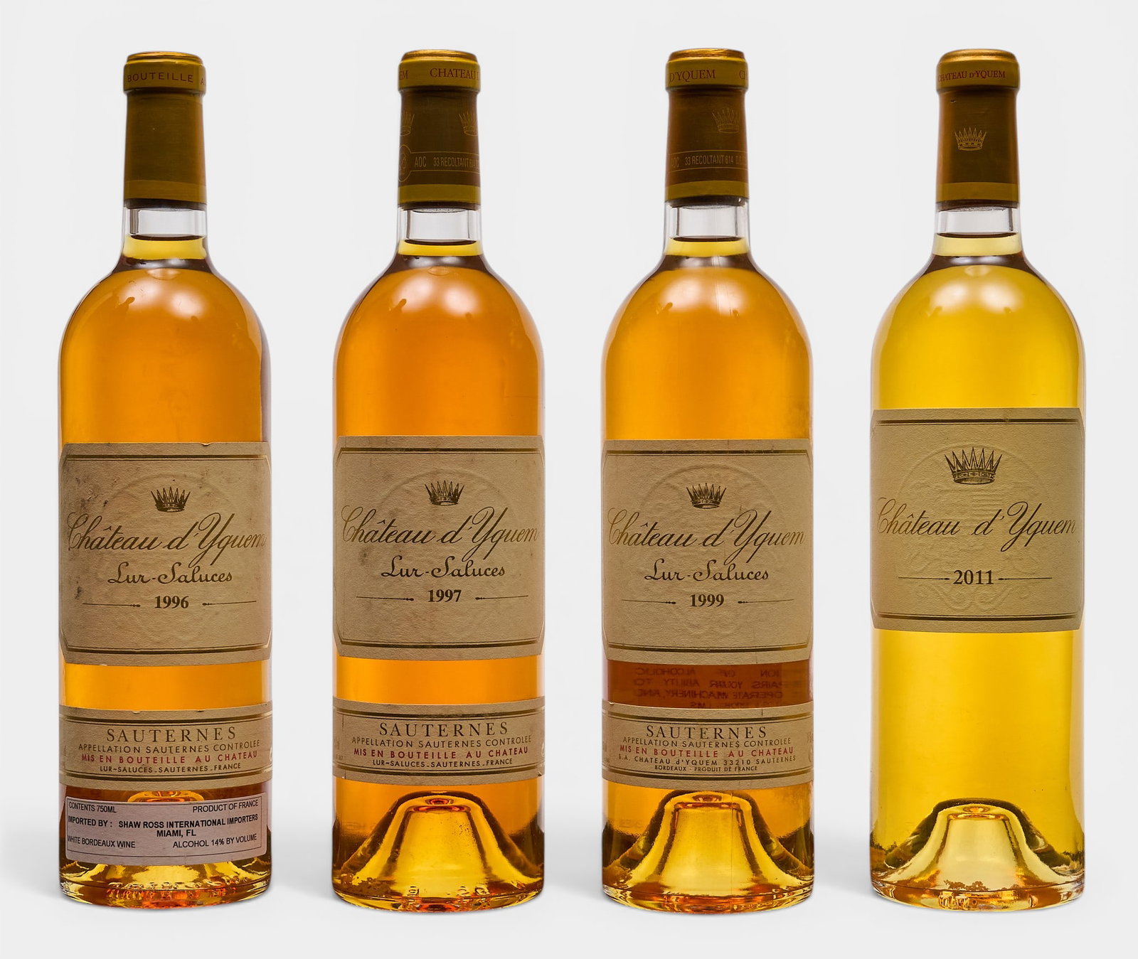 (4) Chateau d'Yquem Sauternes, Various Years: Four bottles of Chateau d'Yquem Sauternes from various years: one bottle from 1996, one bottle from 1997, one bottle from 1999, one bottle from 2011 Provenance: Property from the custom