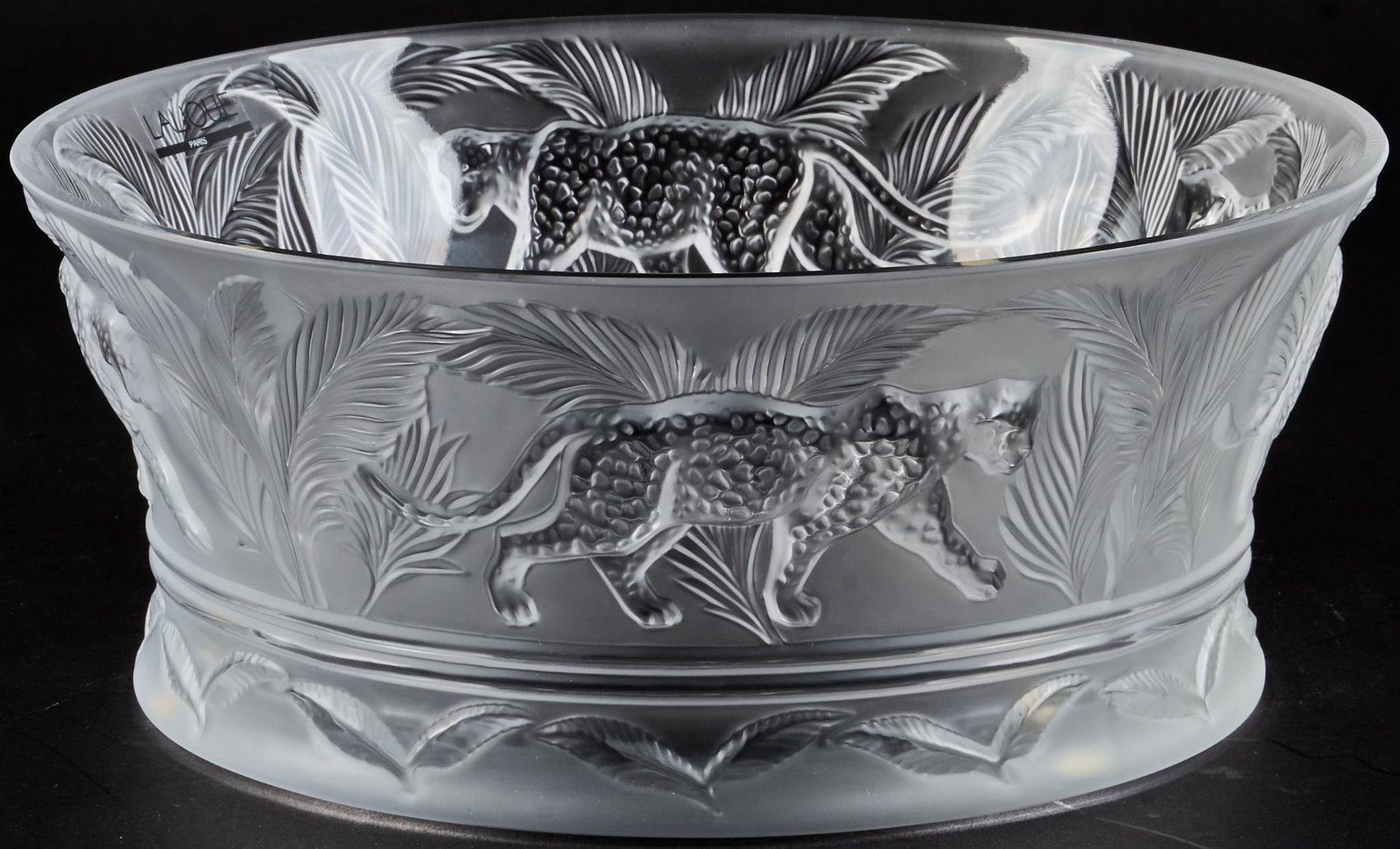 Lalique Crystal Jungle Bowl: Lalique crystal bowl with jungle motif of leopards and foliage height 4 in. x diameter 9.75 in. Provenance: Property from the Estate of Robert A. "Bob" Funk Sr. - trailblazi
