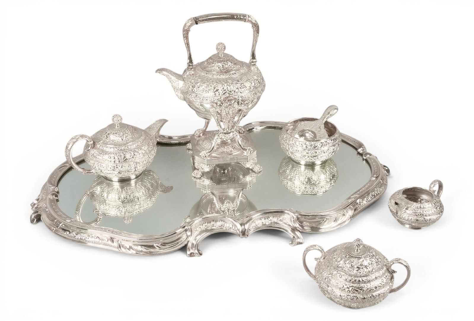 Tiffany and Co. 6 pc Sterling Silver Repousse Tea Set with Silverplate Tray (1 of 7)