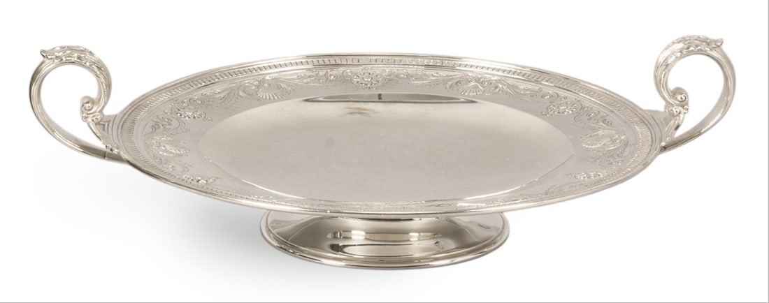 Tiffany & Co. Neoclassical Sterling Round Platter: Tiffany & Co. neoclassical sterling silver round serving platter, with shell and flower motifs, marked "Tiffany & Co. sterling" height 3 in. x width 9.75 in. x depth 9.75 in. &n