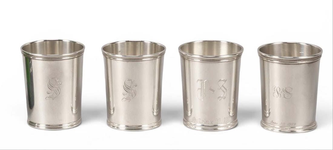 (4) Mark J. Scearce and Trees Mint Julep Cups: Four Mark J. Scearce and Trees sterling silver mint julep cups, various initials and dates on each, each marked "sterling" height 4 in. x diameter 3 in. / each Total weight: 20.52