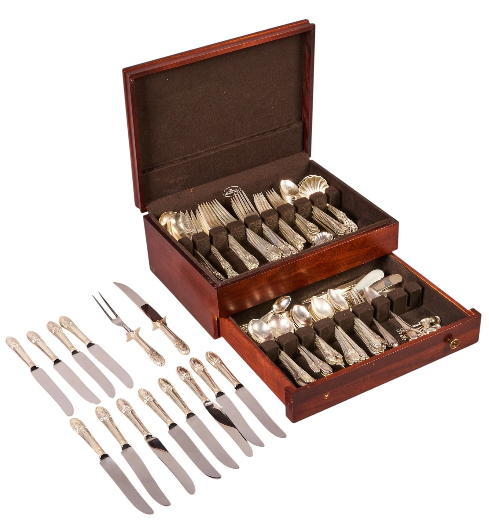 "Riviera" by International Silver 149 pc Flatware Set: "Riviera" by International Silver 149 pc sterling silver flatware set, service for 12, no monogram or removal Includes: 12 dinner knives 9 1/2 in. 24 dinner forks 8 in. 36 teaspo