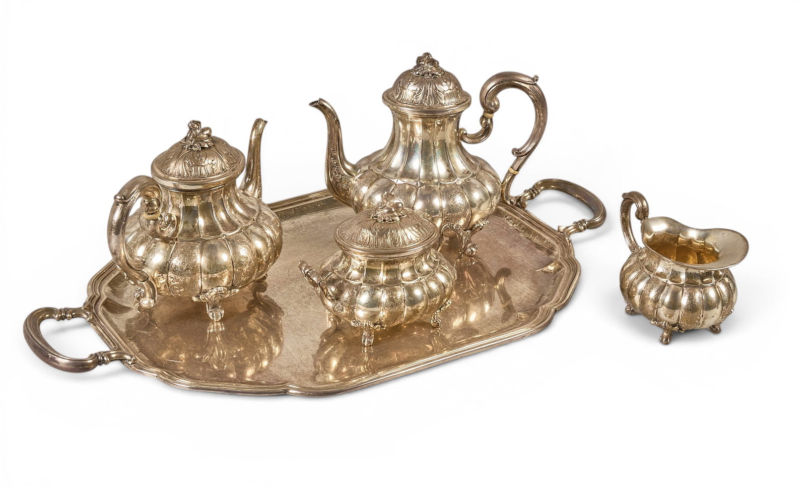 .800 German 4 pc Silver Coffee and Tea Service with Tray: .800 German 4 pc silver coffee and tea service with tray, includes coffee pot, tea pot, creamer, sugar container with lid, each marked ".800" height 1.75 in. x width 24 in. x depth