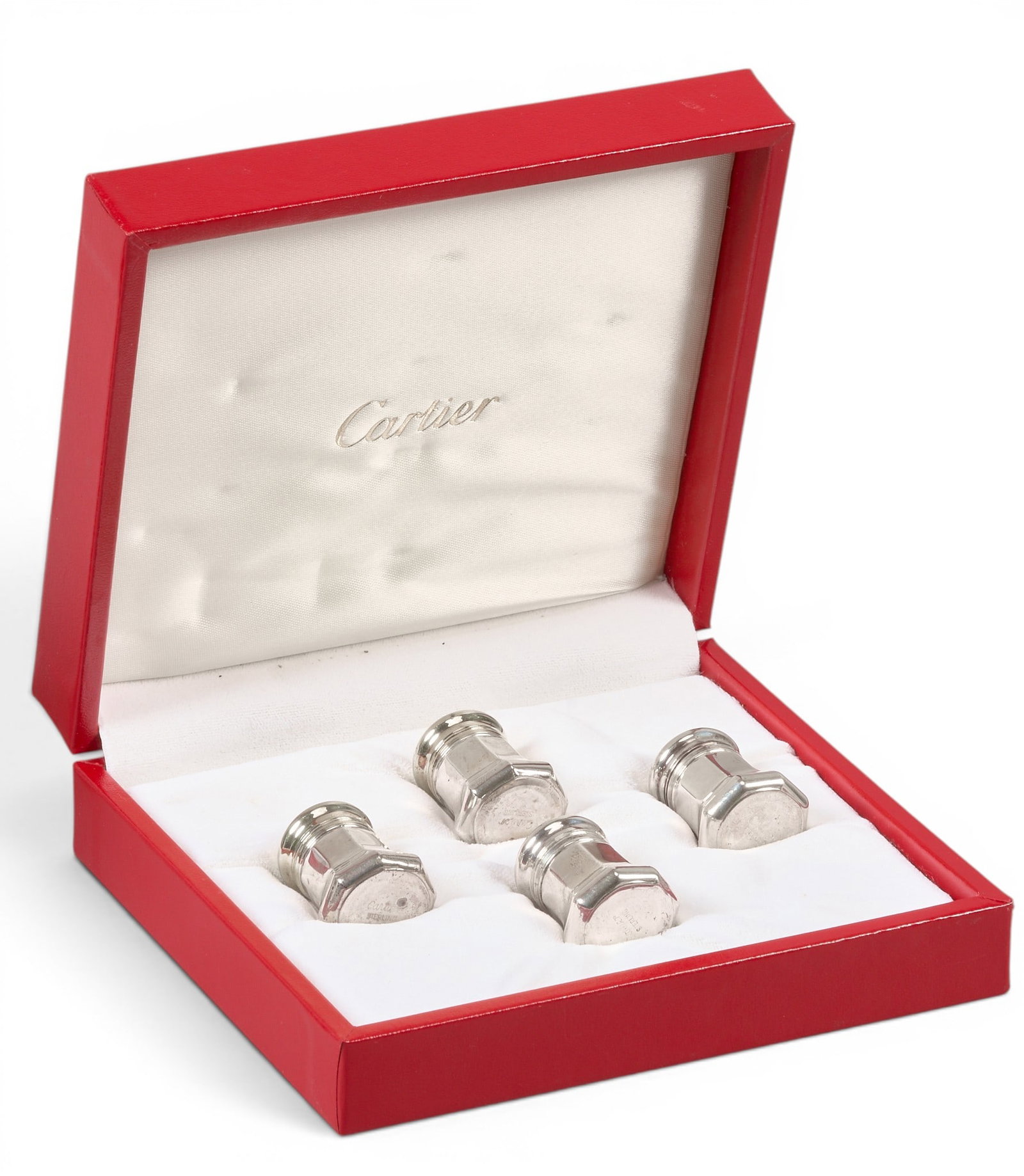 (4) Small Cartier Sterling Silver Salt and Pepper Shakers: Four small Cartier sterling silver salt and pepper shakers, marked, with original box height 1.5 in. x width 1 in. x depth 1 in. / each Total weight: 0.875 ozt weighable silver 
