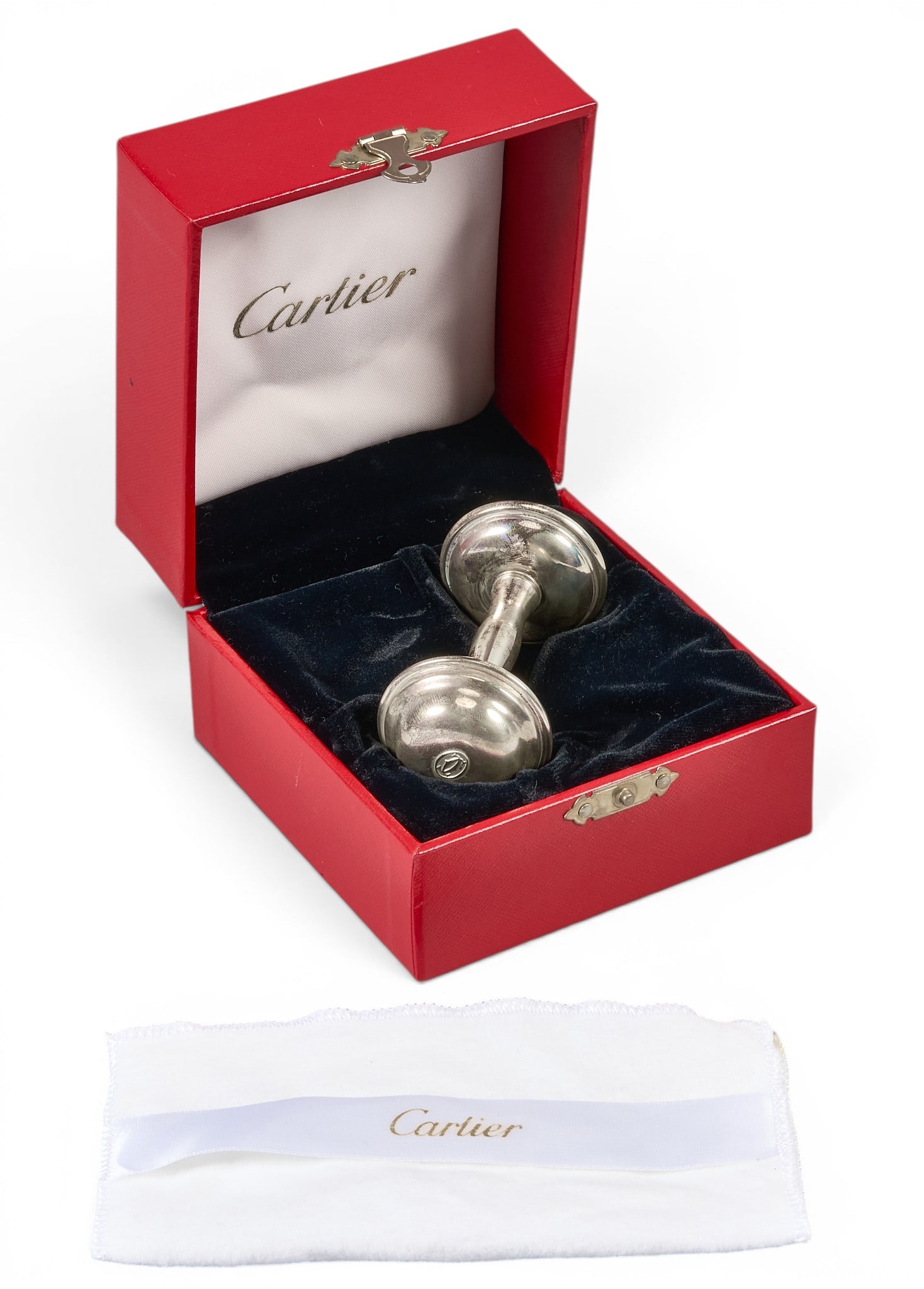 Cartier Sterling Silver Baby Rattle: Cartier sterling silver baby rattle, with original box and dustbag height 4 in. x width 1.75 in. x depth 1.75 in. Total weight: 1.475 ozt weighable silver Provenance: Proper