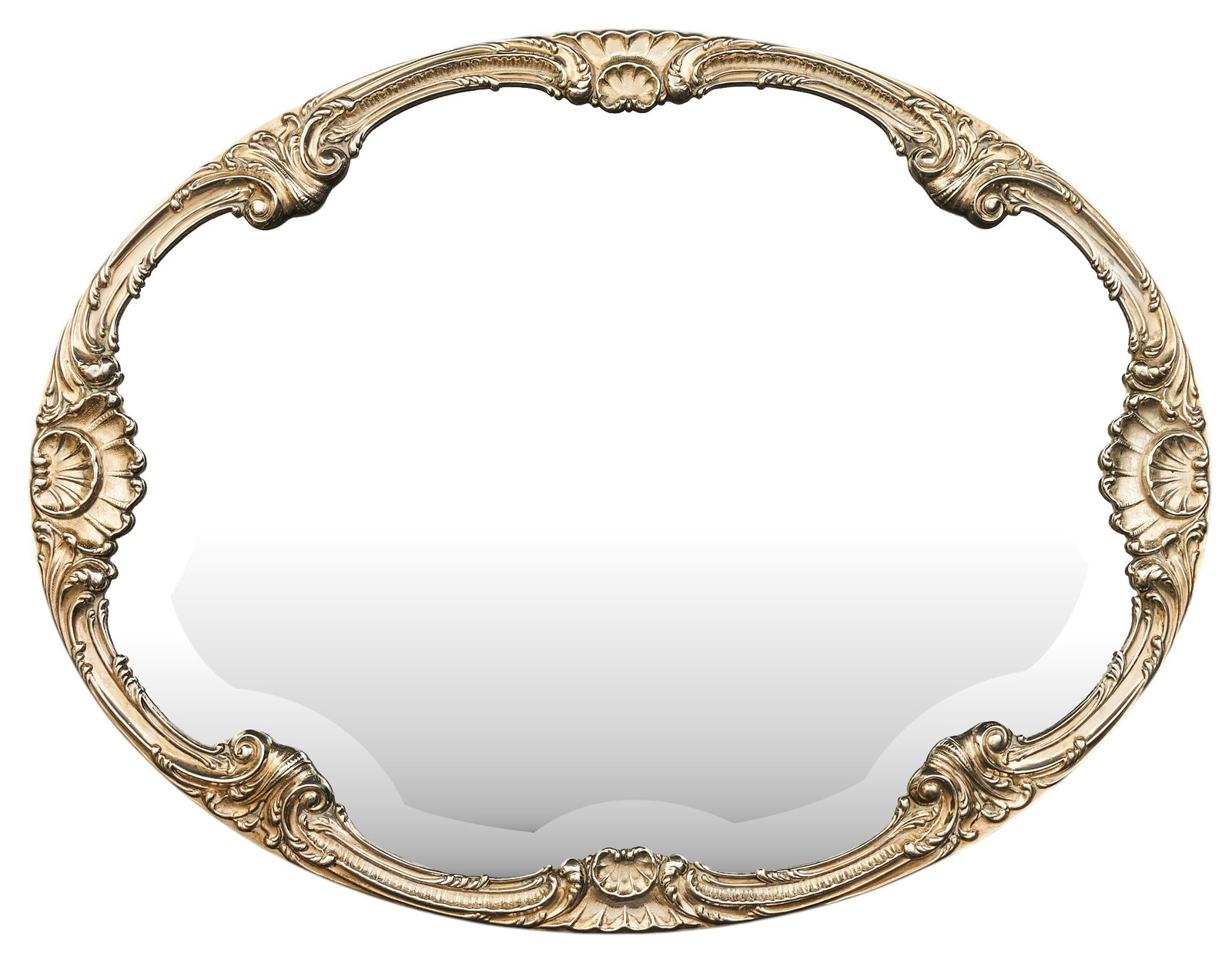 Camusso Repousse Oval Mirror: Camusso oval mirror with sterling silver repousse frame, marked "Sterling Camusso" height 1 in. x width 17 in. x depth 13 in. Total weight: 54.62 ozt weighable silver 