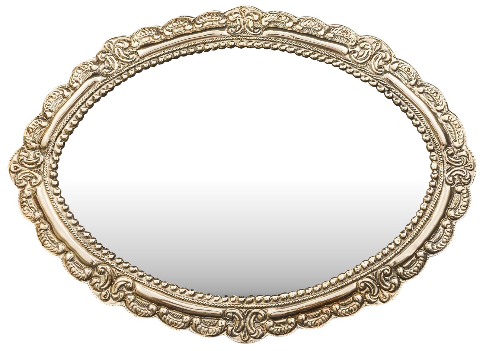 Oval Repousse Mirror: Oval mirror with repousse sterling silver frame height 1 in. x width 19 in. x depth 13 in. Total weight: 39.93 ozt weighable silver 