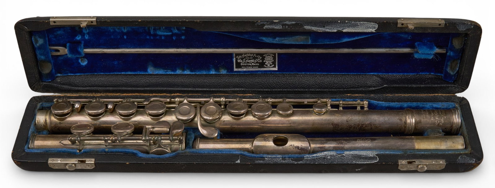 William S. Haynes Co. Silver Flute, c. 1950s: William S. Haynes Co. (Boston, Massachusetts) silver flute with case, marked with serial number #24747, circa 1950s height 2 in. x width 15 in. x depth 3 in. / case Provenance: Property from a